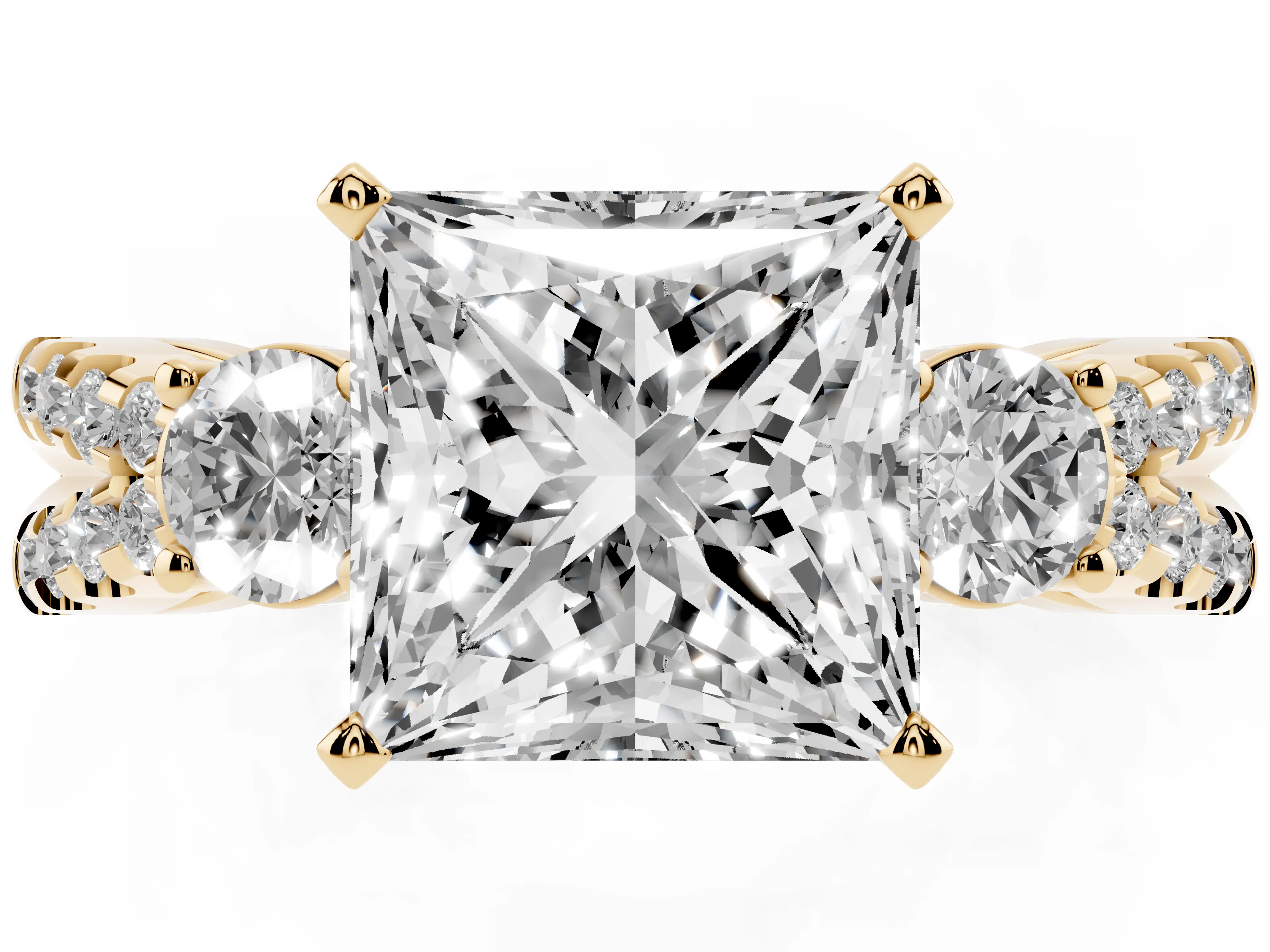 Princess Cut Diamond Three-Stone Ring Set in Yellow gold with Pavé Split Shank and Prong Setting