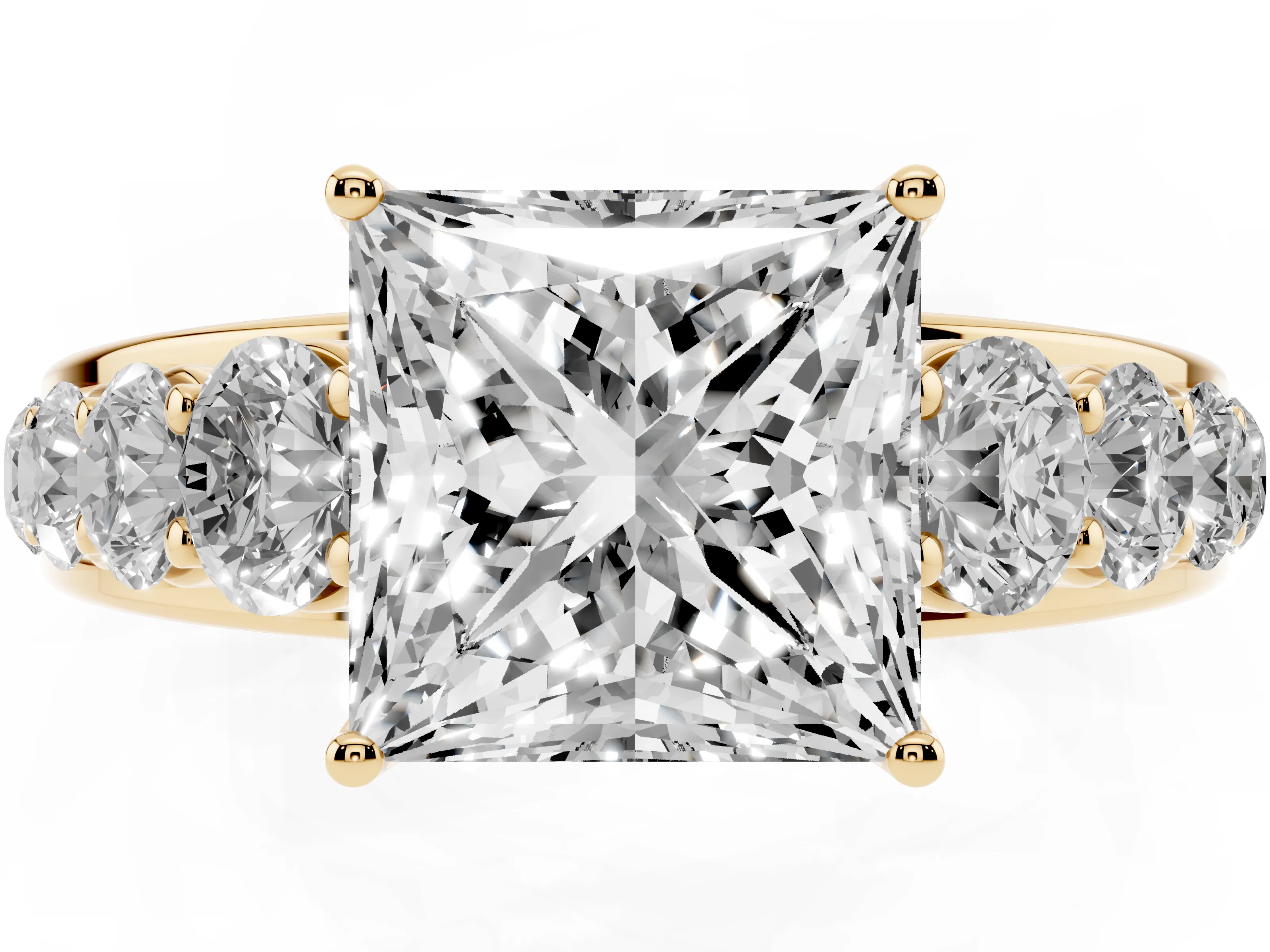 Princess Cut Diamond Solitaire Ring Set in Yellow gold with Pavé-Set Band and Prong Setting