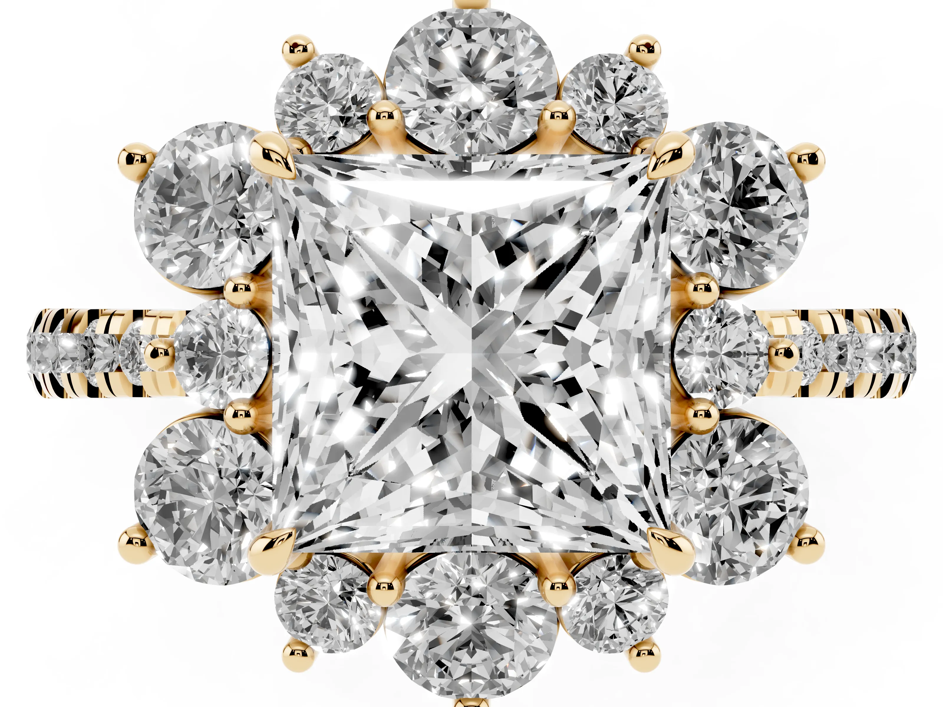 Princess Cut Diamond Floral Halo Ring Set in Yellow gold with Round Pavé Band and Prong Setting