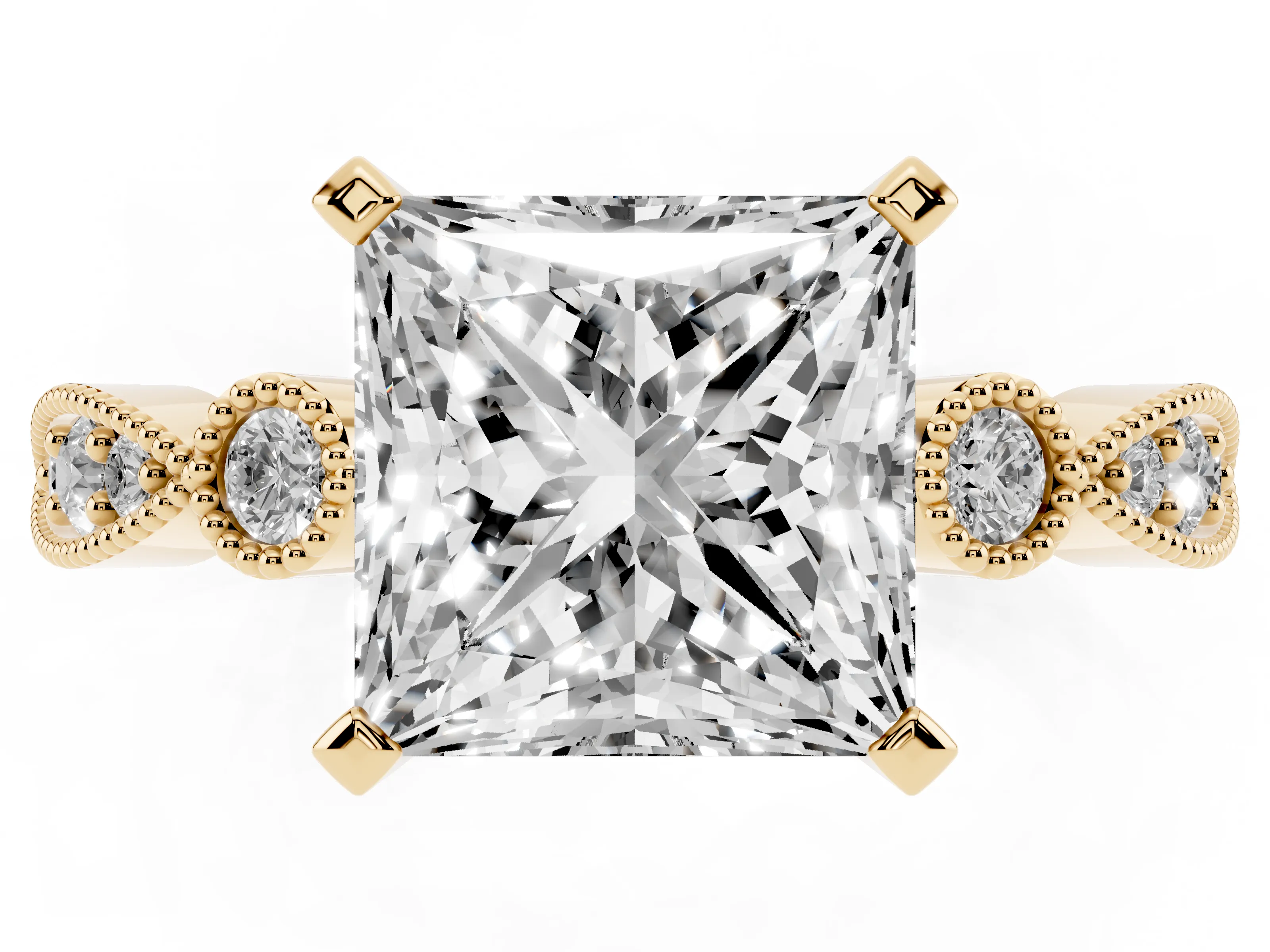 Princess Cut Diamond Solitaire Engagement Ring Set in Yellow gold with Milgrain Bezel Accent Band