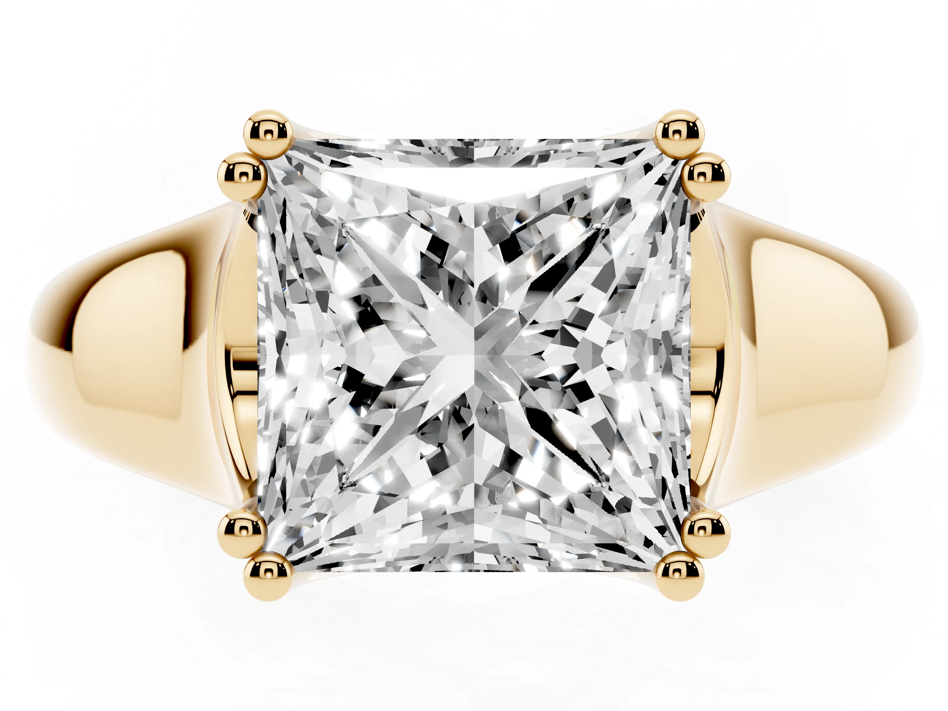 Princess Cut Diamond Solitaire Ring Set in Yellow gold with Wide Band and Prong Setting