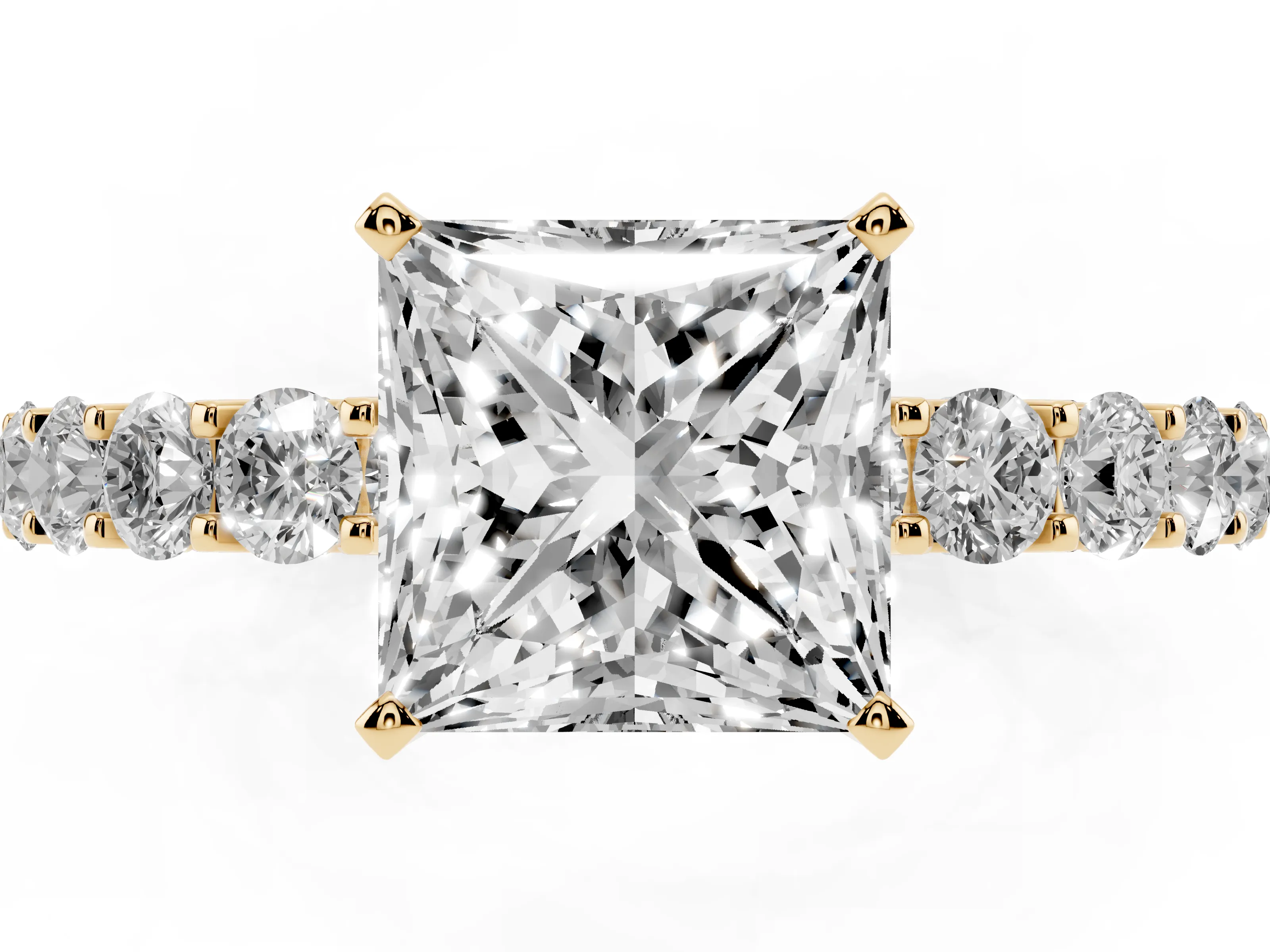 Princess Cut Diamond Solitaire Ring Set in Yellow gold with Shared Prong Pavé Band