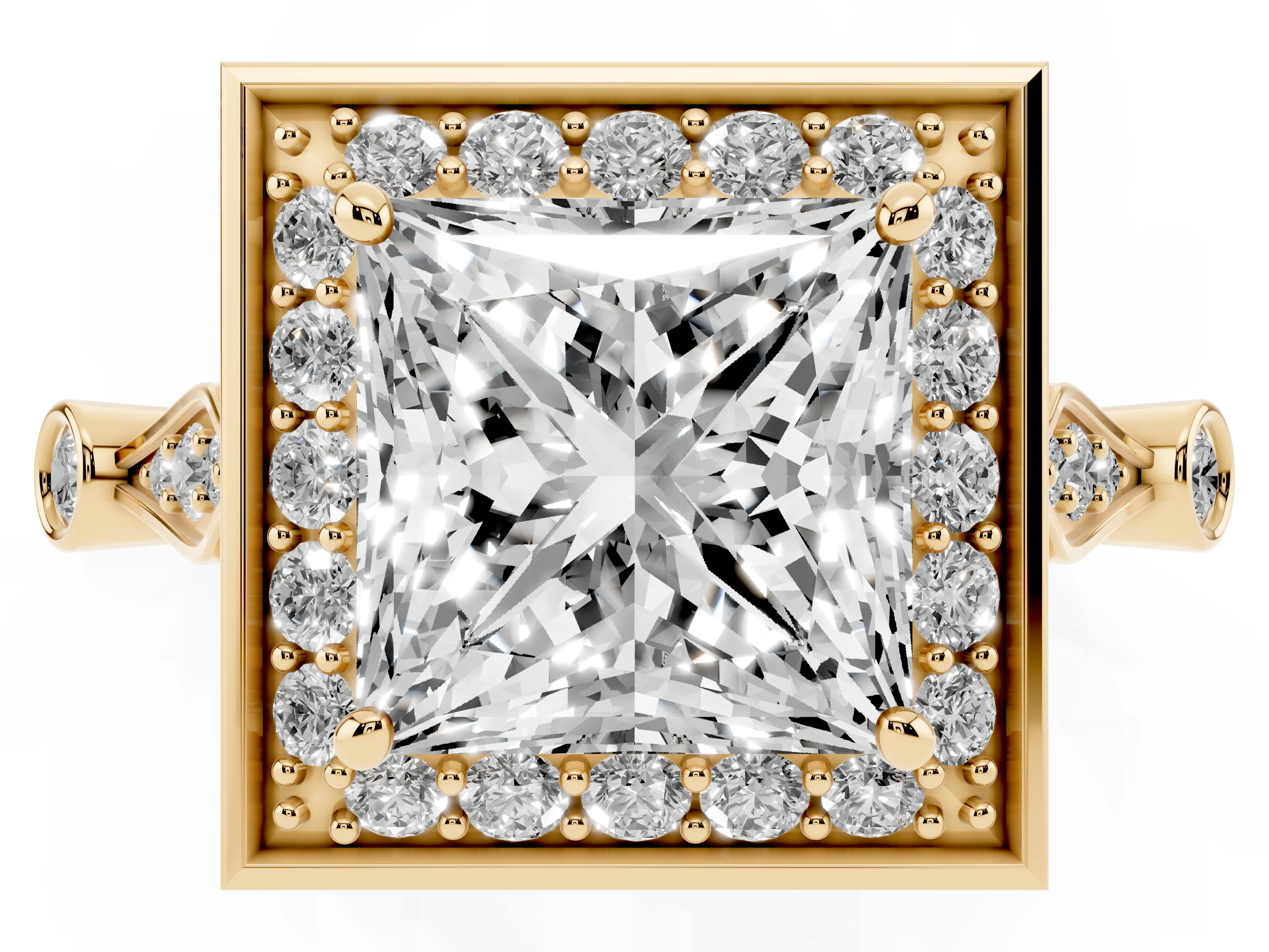 Princess Cut Diamond Halo Engagement Ring Set in Yellow gold with Twisted Band and Prong Setting