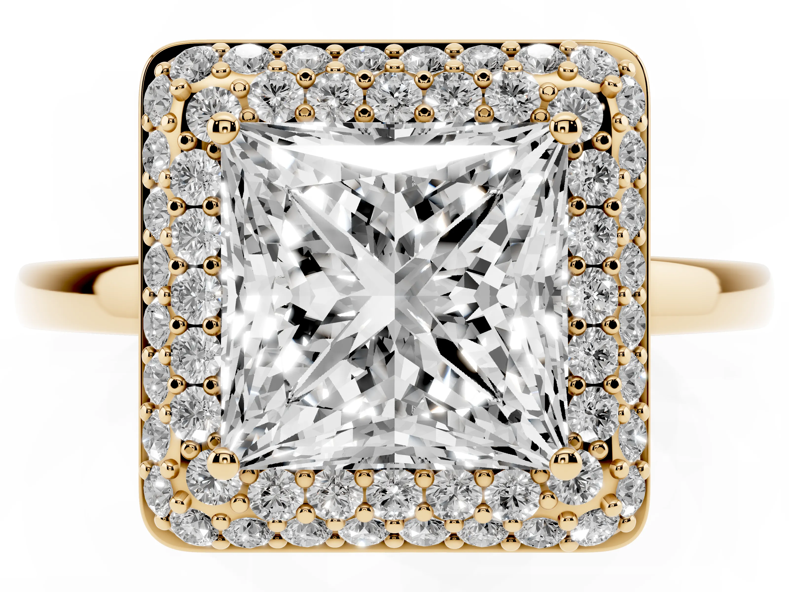 Princess Cut Diamond Halo Engagement Ring Set in Yellow gold with Solitaire Band and Prong Setting