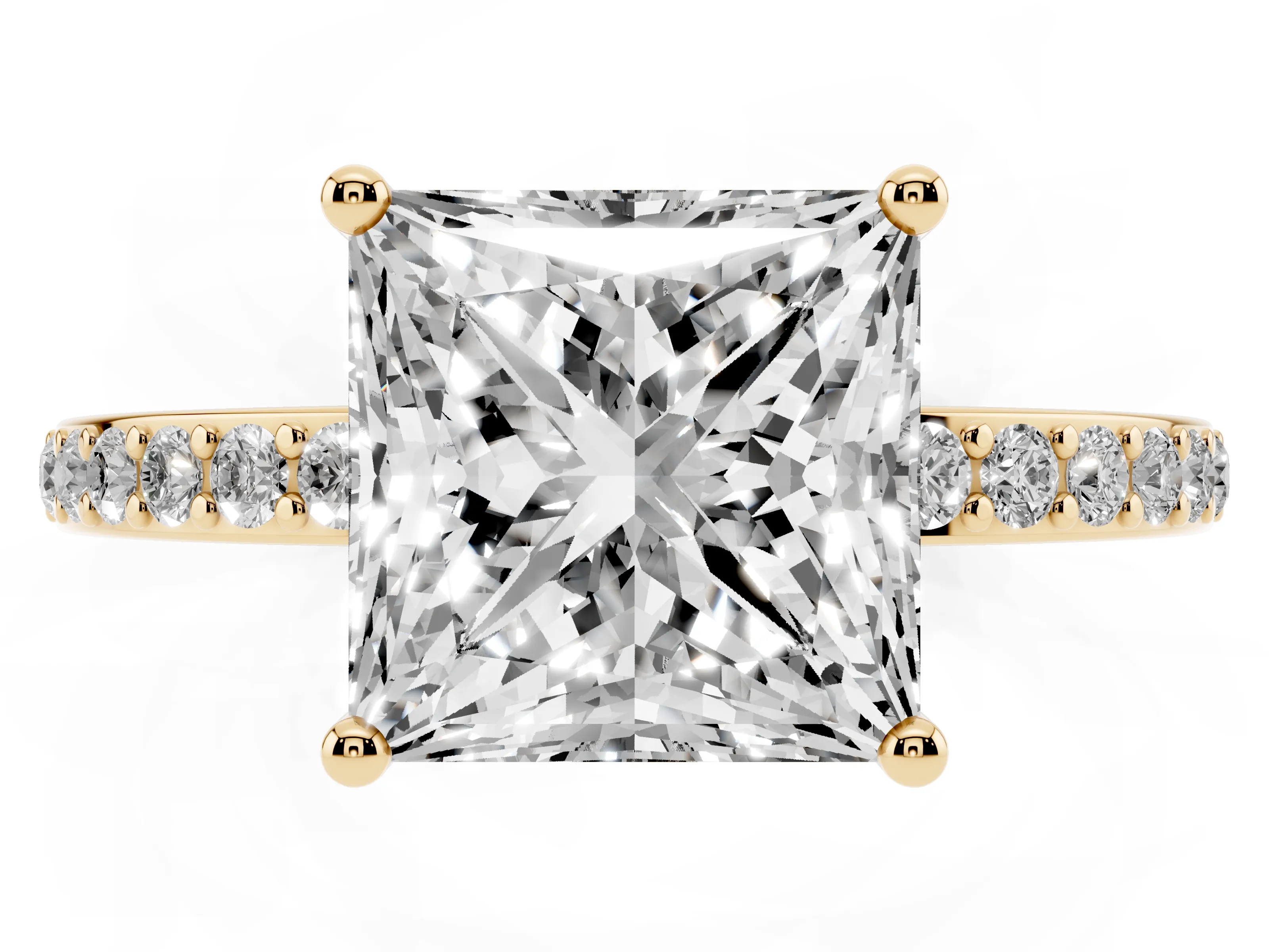 Princess Cut Diamond Pavé Band Ring Set in Yellow gold with Prong-Set Center Stone
