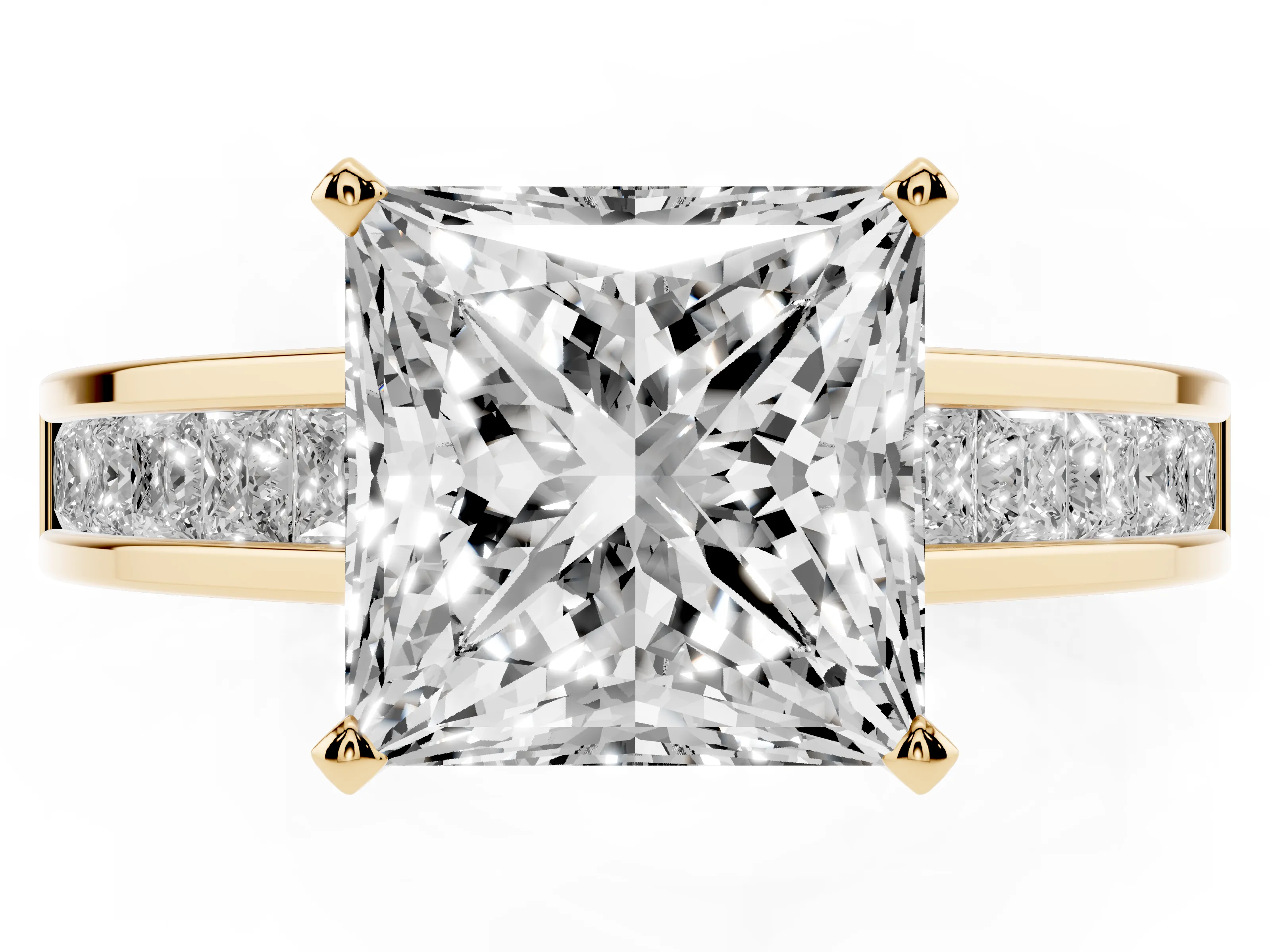 Princess Cut Diamond Solitaire Ring Set in Yellow gold with Channel-Set Band and Prong Setting