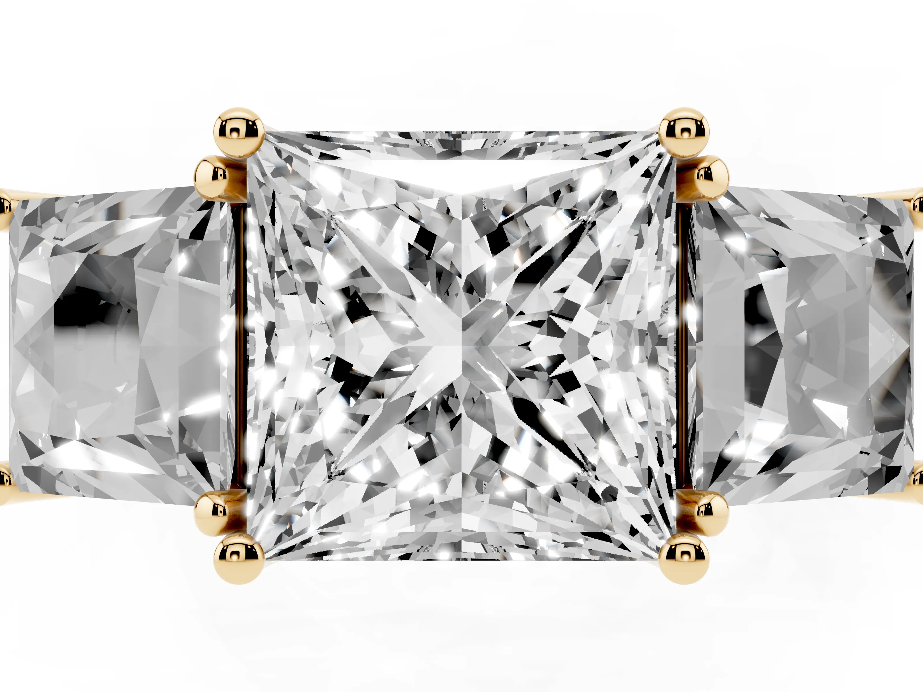 Princess Cut Diamond Three-Stone Ring Set in Yellow gold with Pavé Band