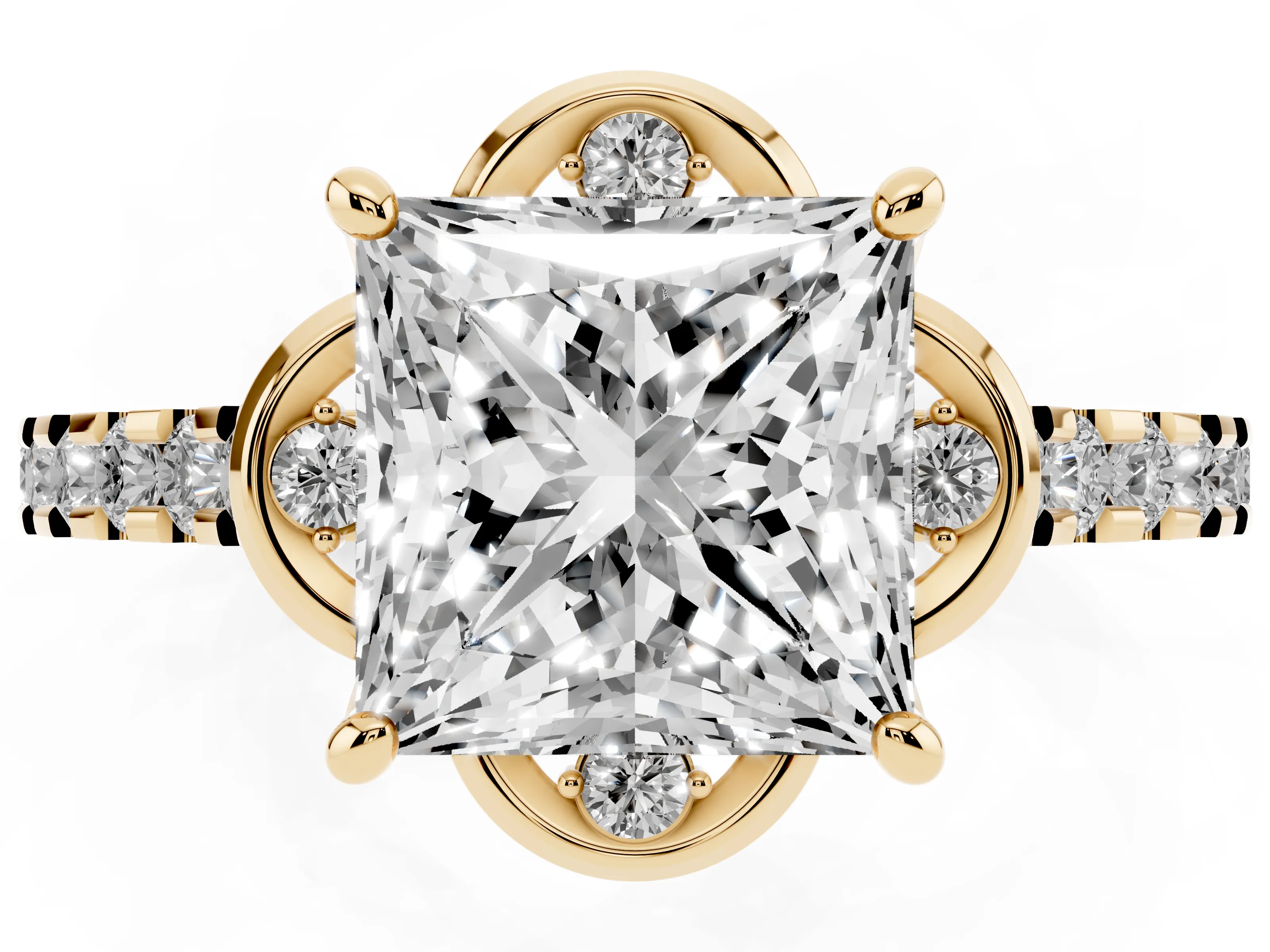 Princess Cut Diamond Solitaire Ring Set in Yellow gold with Pavé Band and Floral Prong Setting