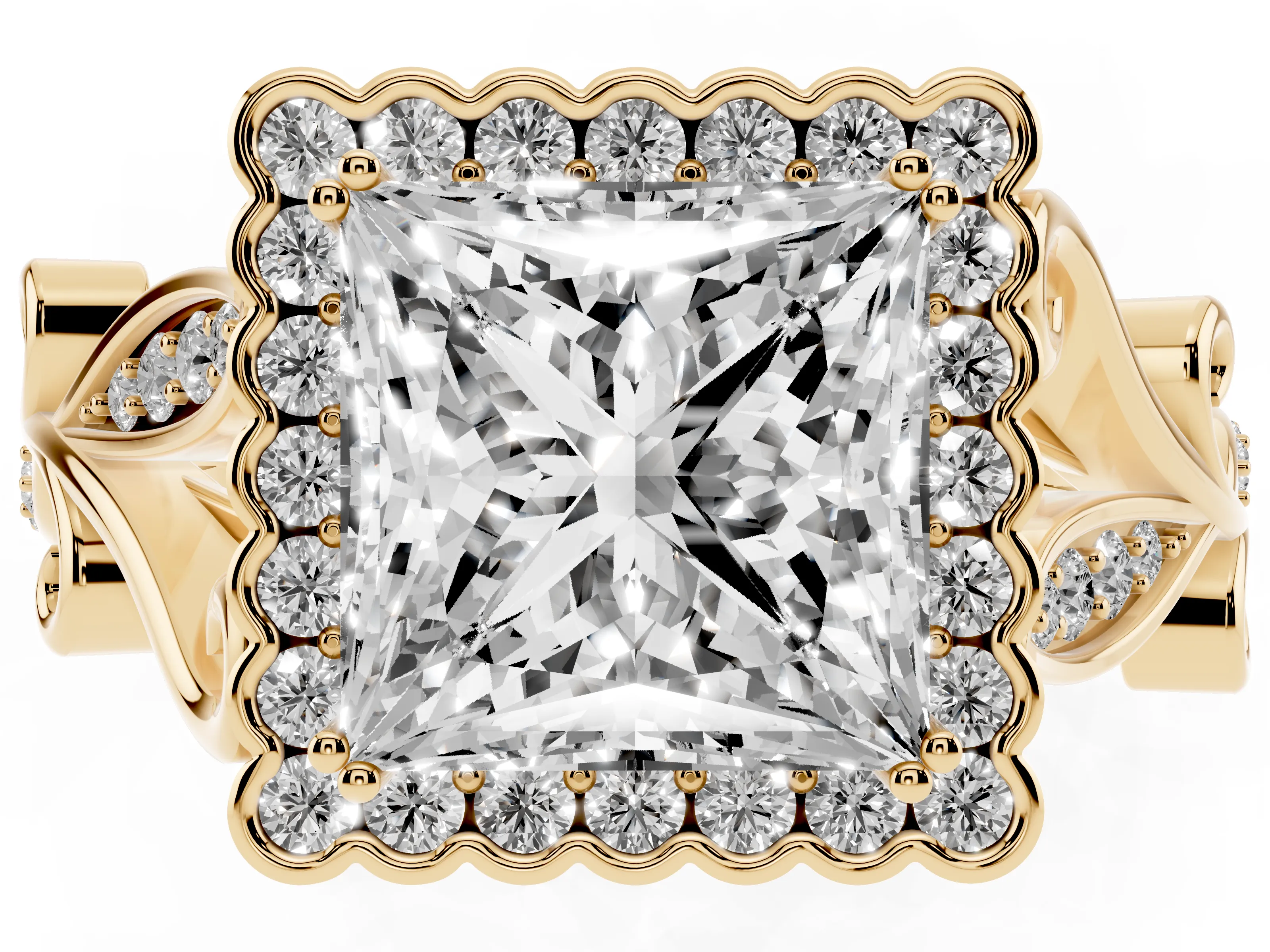 Princess Cut Diamond Halo Ring Set in Yellow gold with Leaf Motif Split Shank and Prong Setting