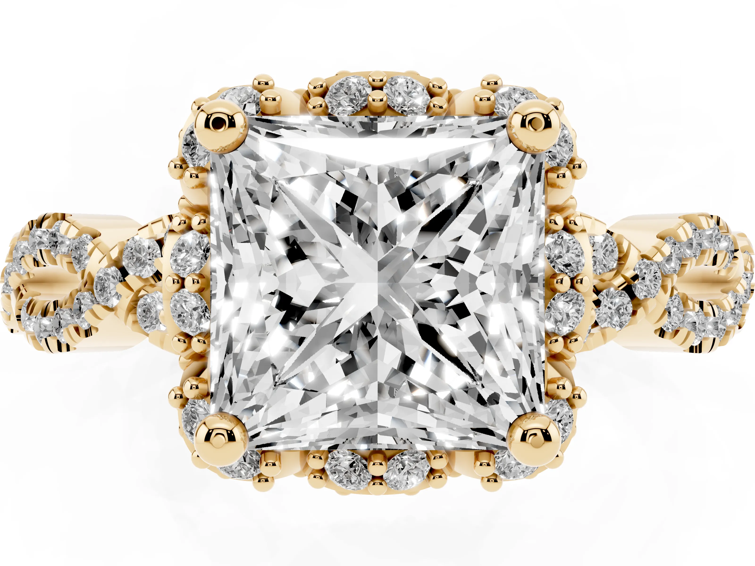 Princess Cut Diamond Halo Twist Band Solitaire Ring Set in Yellow gold with Prong-Set Center Stone