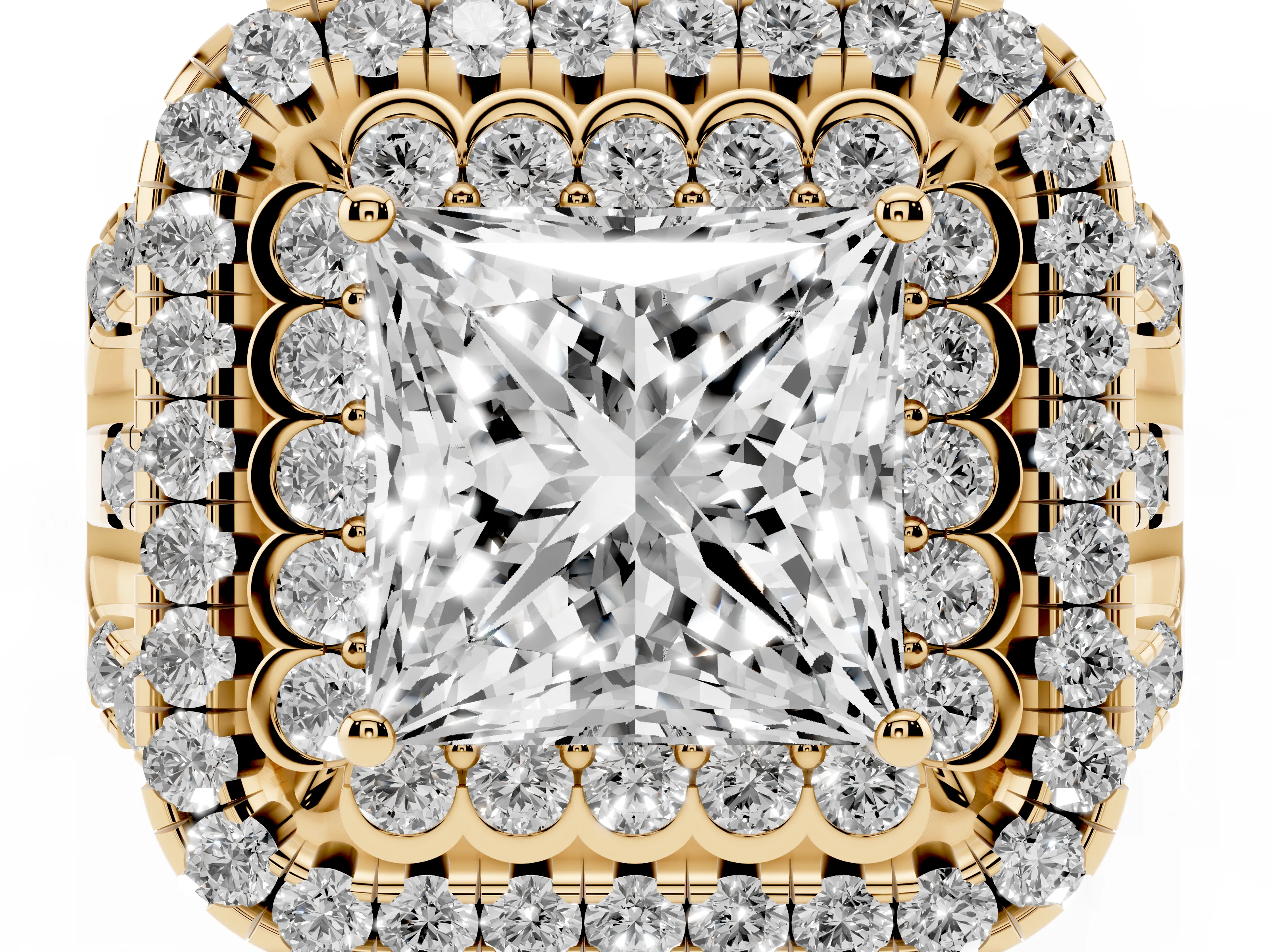 Princess Cut Diamond Double Halo Ring Set in Yellow gold with Round Pavé Split Shank