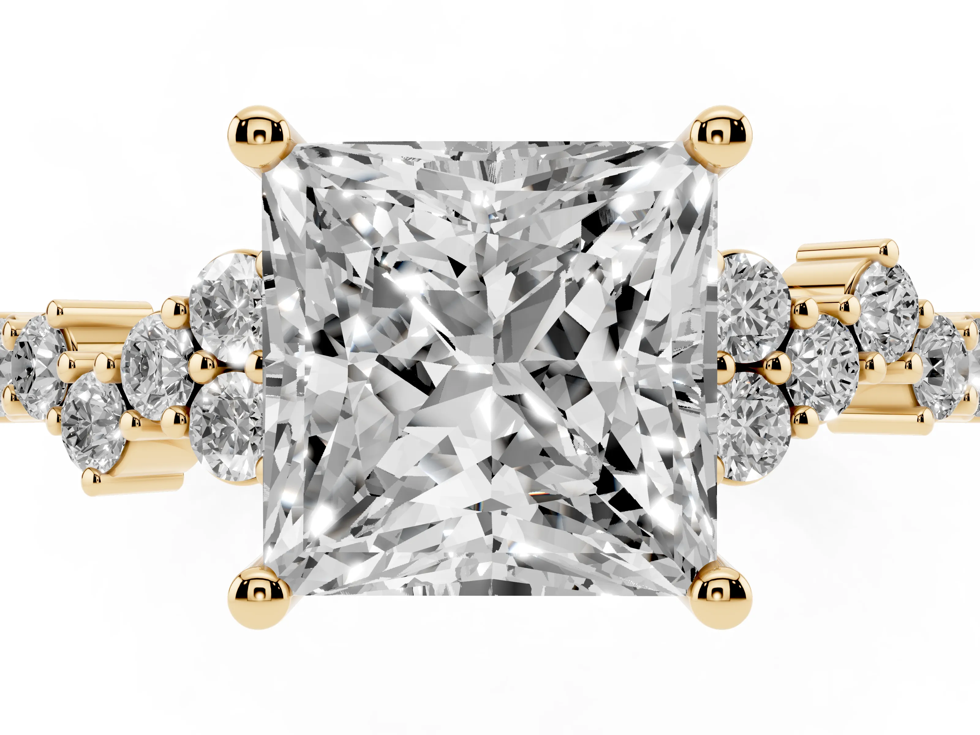 Princess Cut Diamond Ring Set in Yellow gold with Scattered Round Accents