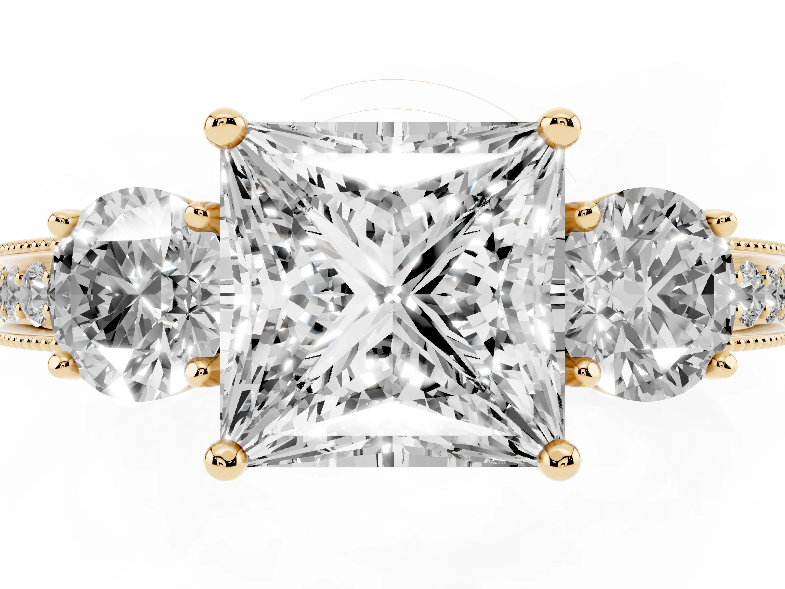 Princess Cut Diamond Three-Stone Ring Set in Yellow gold with Round Side Stones and Pavé Band