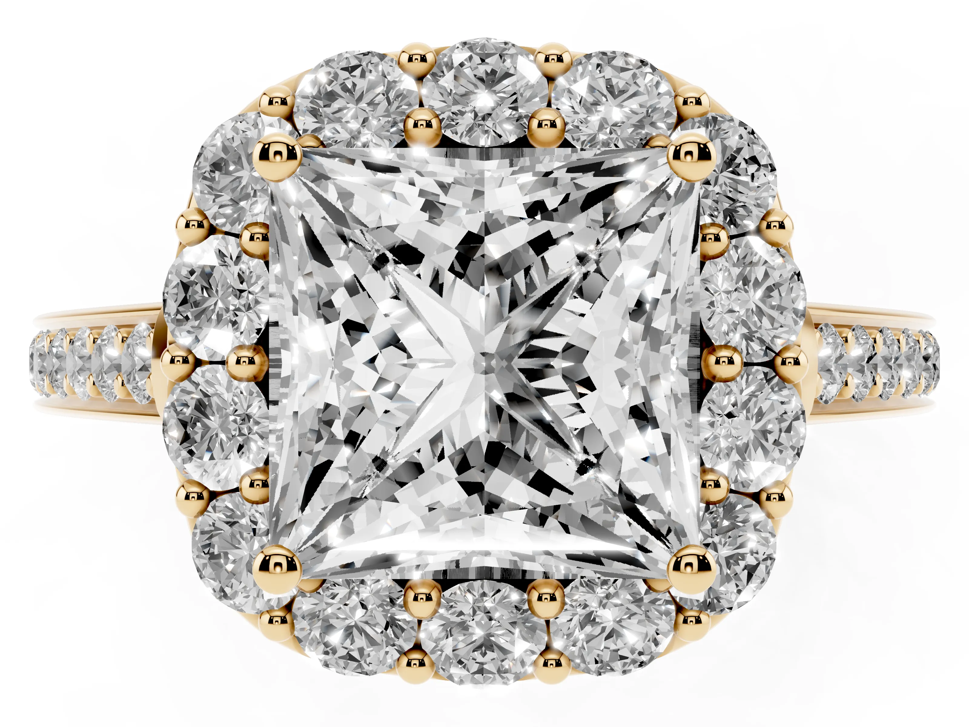 Princess Cut Diamond Floral Halo Ring Set in Yellow gold with Pavé Band and Prong Setting