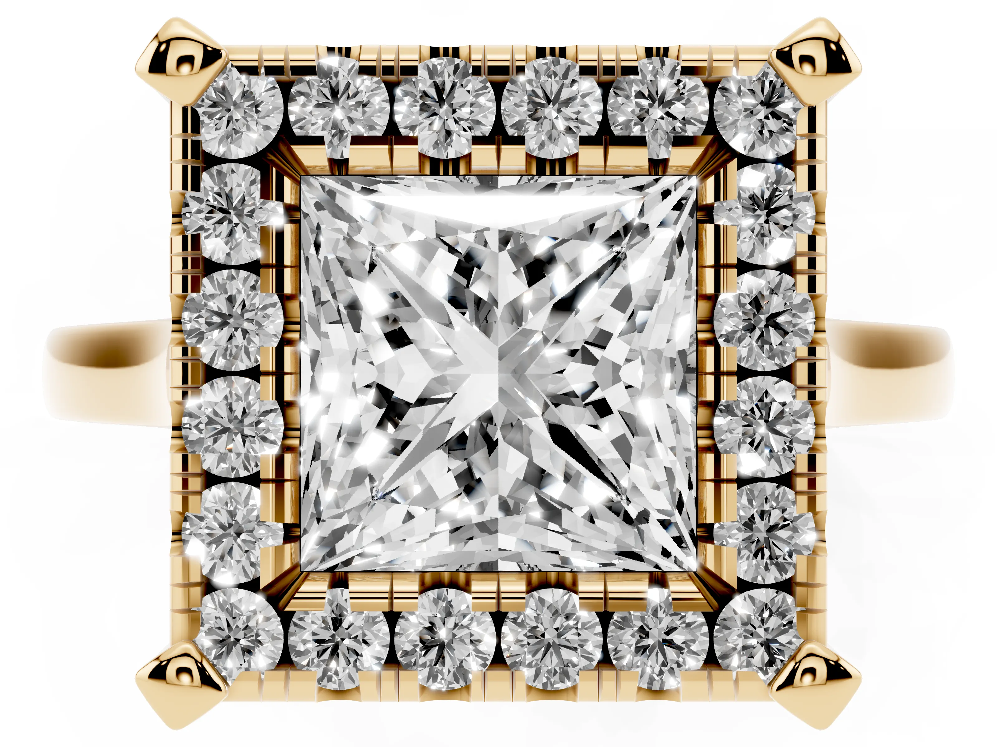 Princess Cut Diamond Cluster Halo Solitaire Ring Set in Yellow gold with Prong Setting