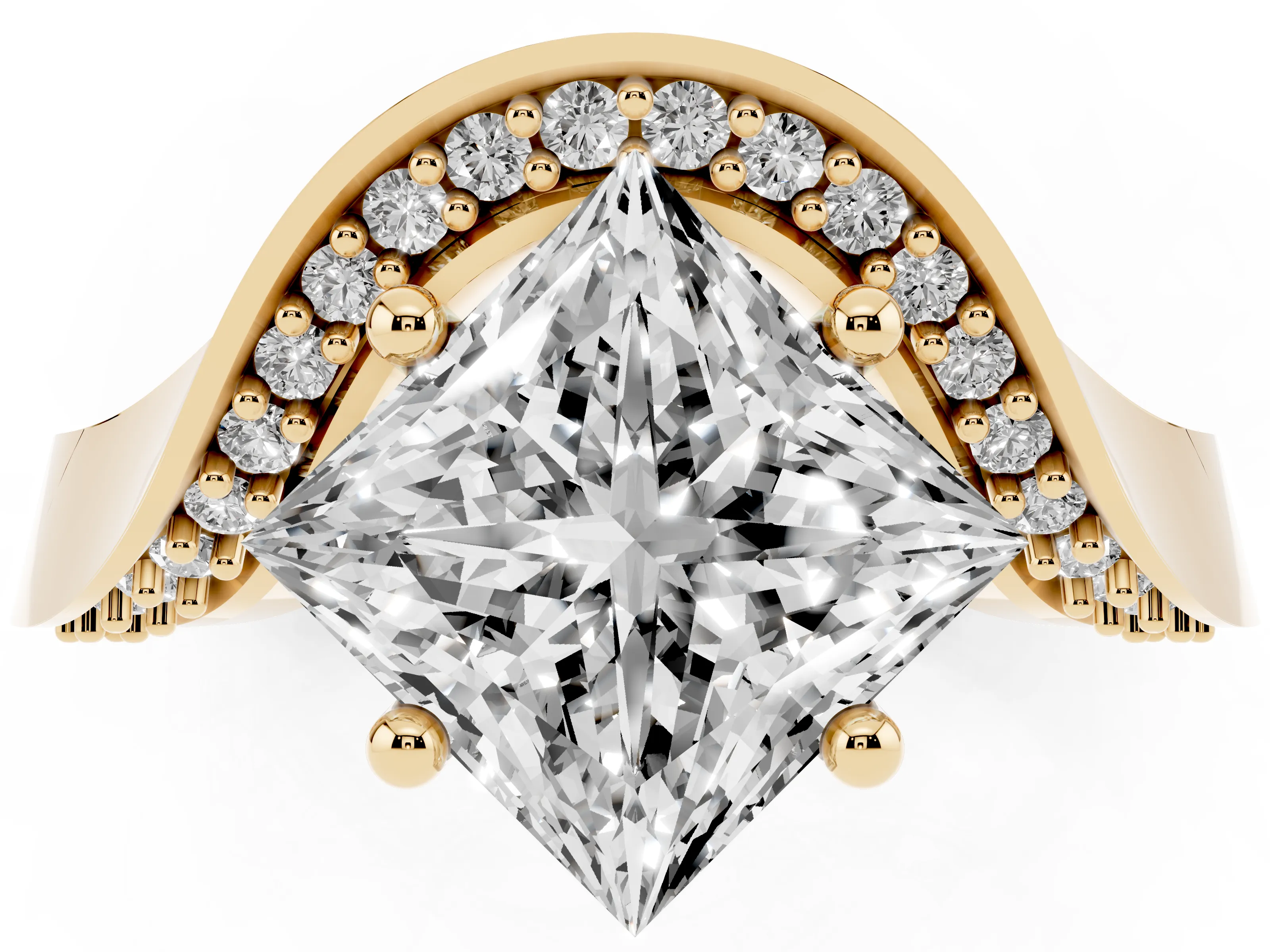 Princess Cut Diamond Solitaire Engagement Ring Set in Yellow gold with Pavé Shoulders