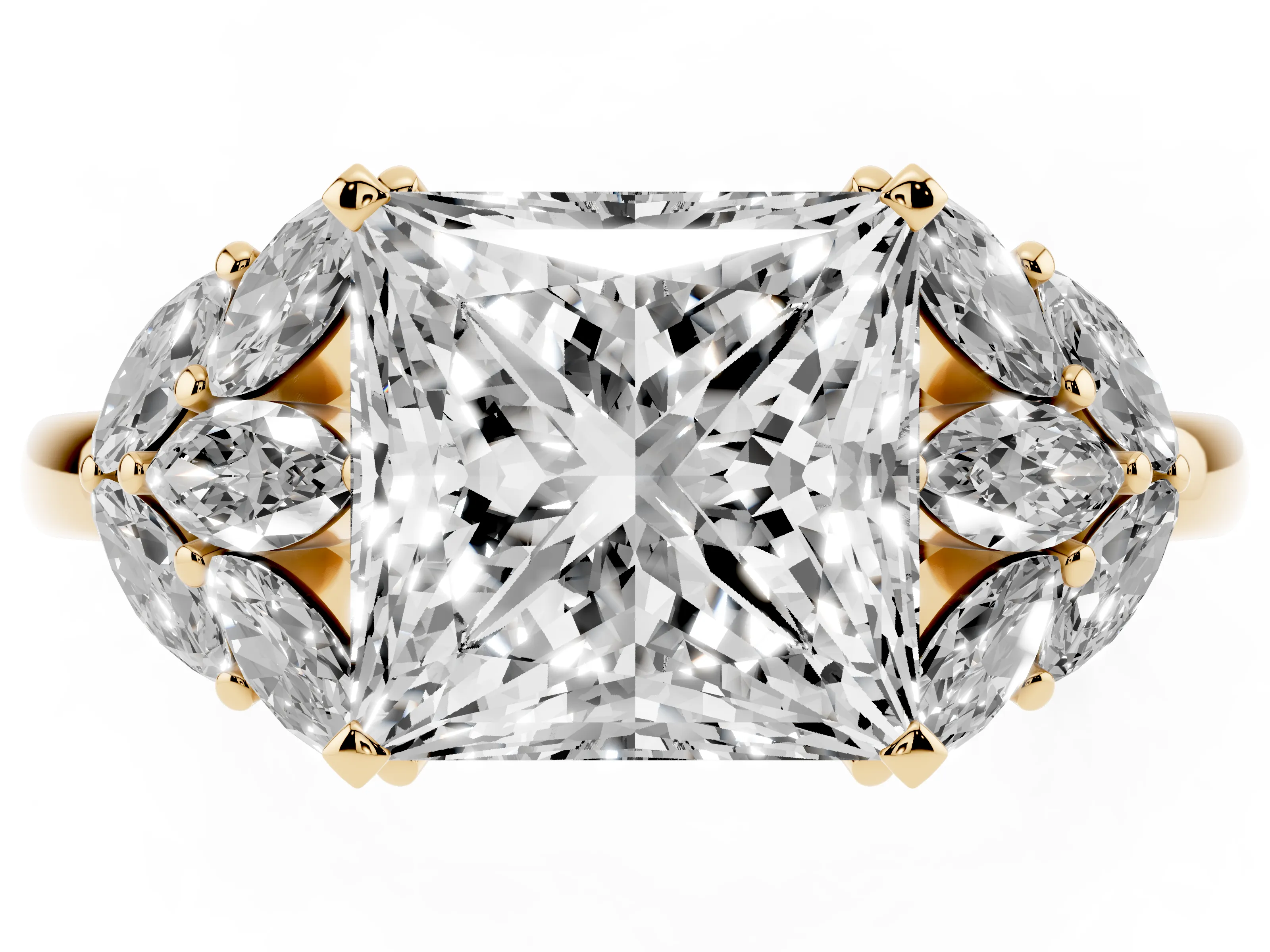 Princess Cut Diamond Cluster Leaf Design Ring Set in Yellow gold with Prong Setting