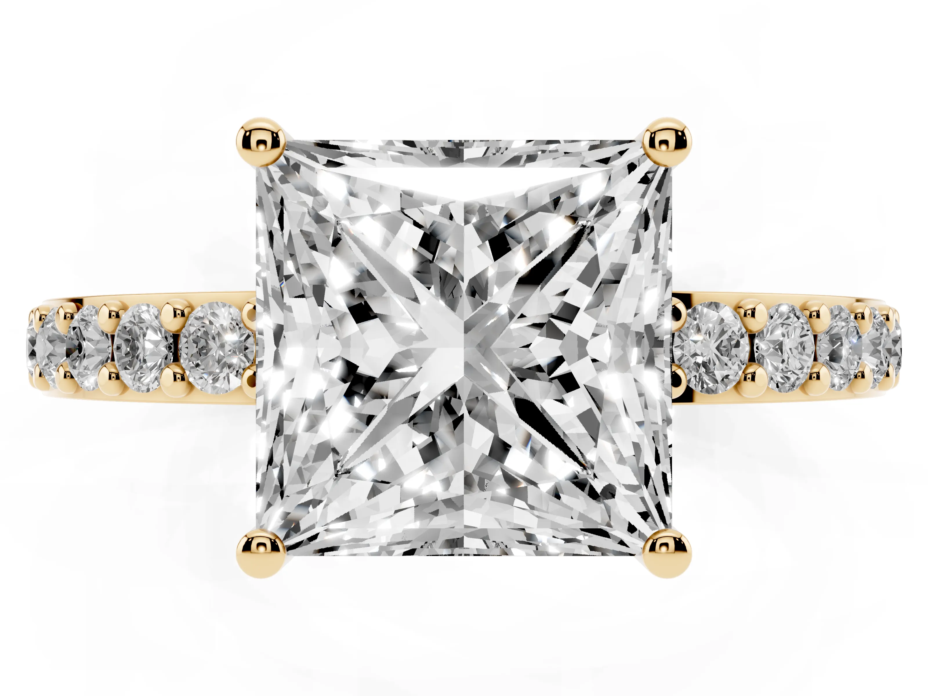 Princess Cut Diamond Solitaire Set in Yellow gold with Round Pavé Band and Prong Setting