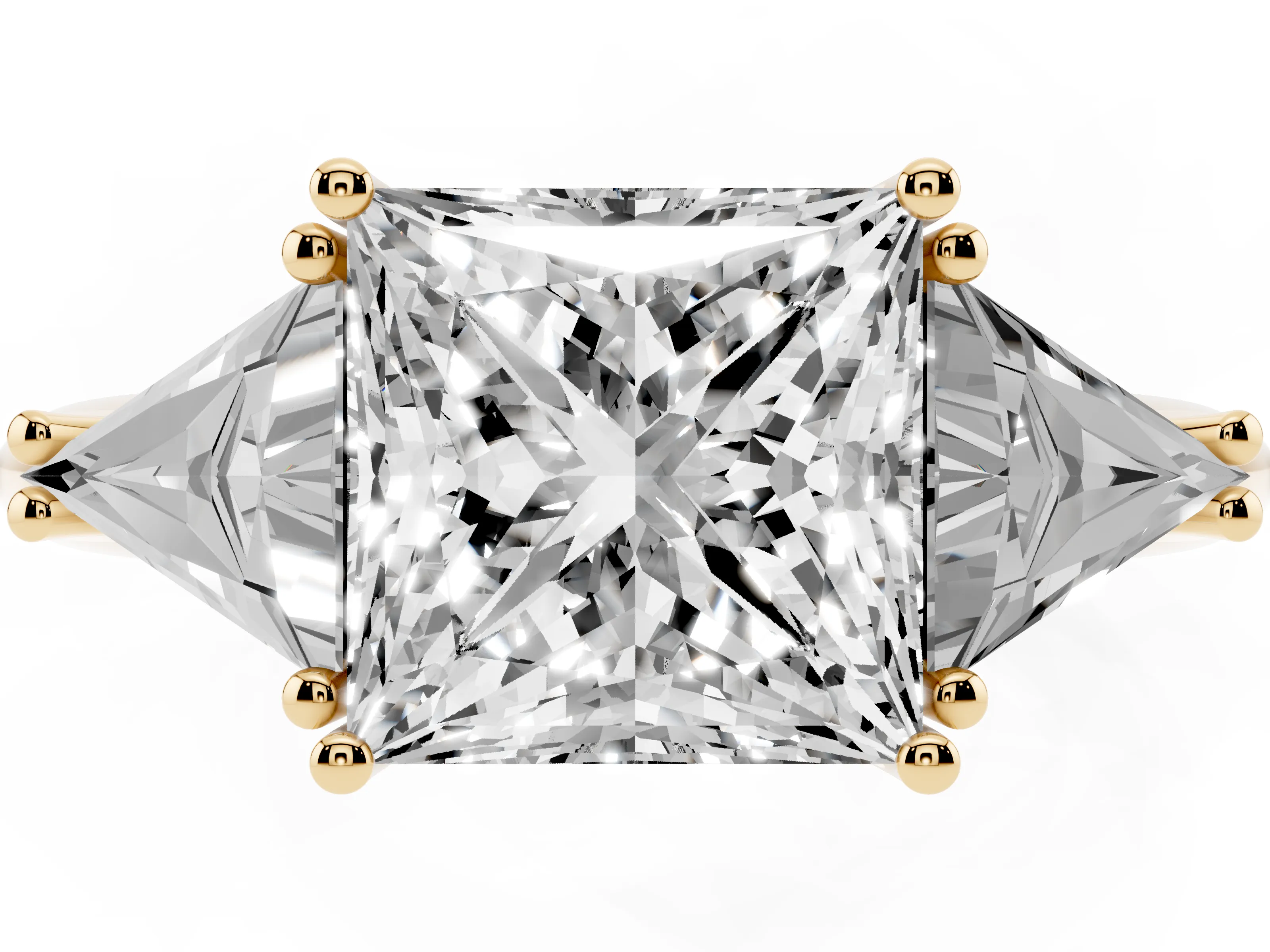 Princess Cut Diamond Three-Stone Engagement Ring Set in Yellow gold with Trillion Side Stones