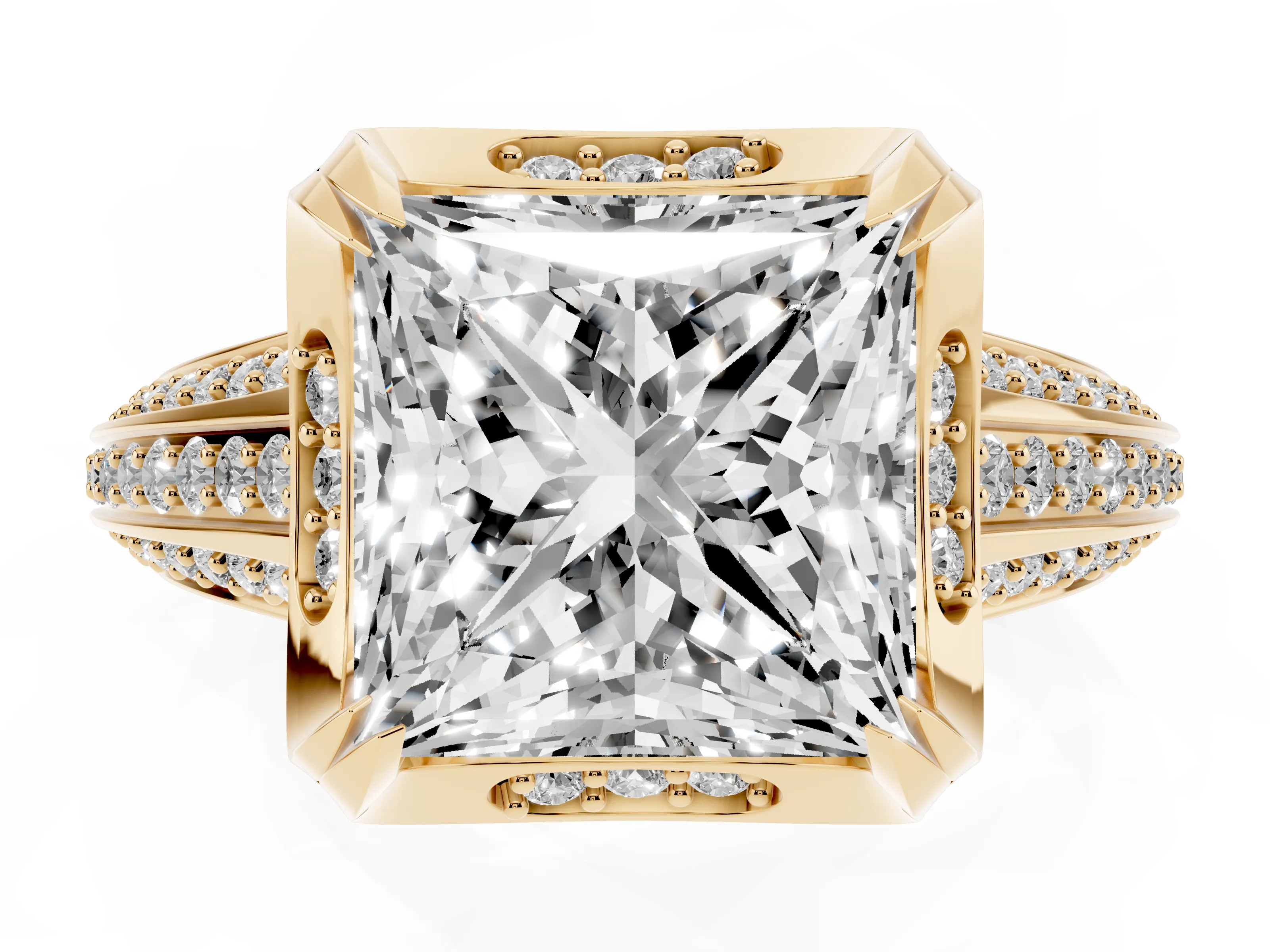 Princess Cut Diamond Pavé Split Shank Solitaire Ring Set in Yellow gold with Prong Setting