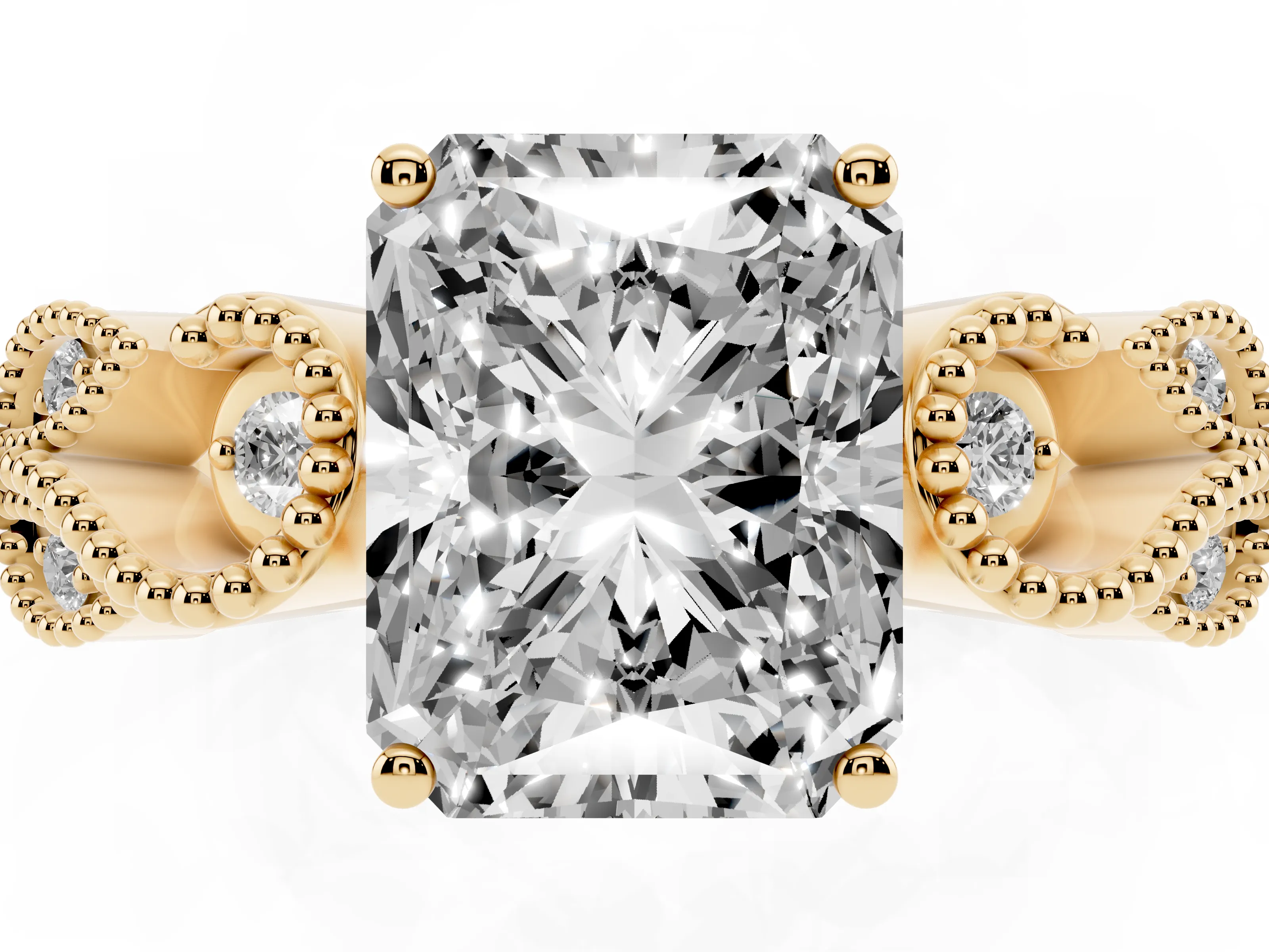 Princess Cut Diamond Milgrain Leaf Band Solitaire Ring Set in Yellow gold with Accent Stones and Prong Setting