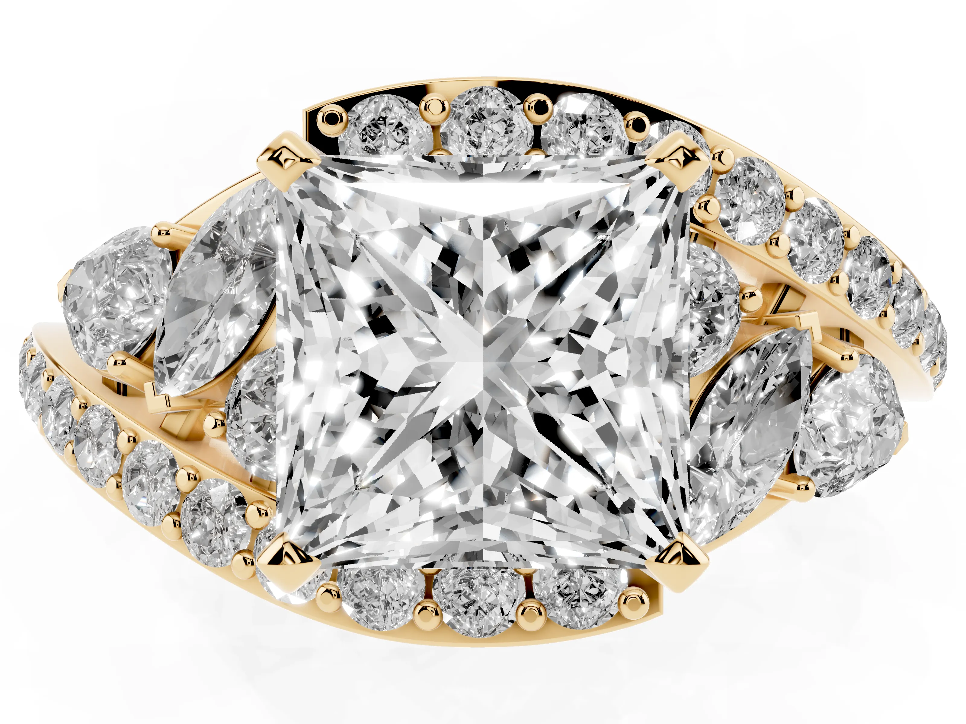 Princess Cut Diamond Halo Ring Set in Yellow gold with Marquise and Pavé Band in Prong Setting