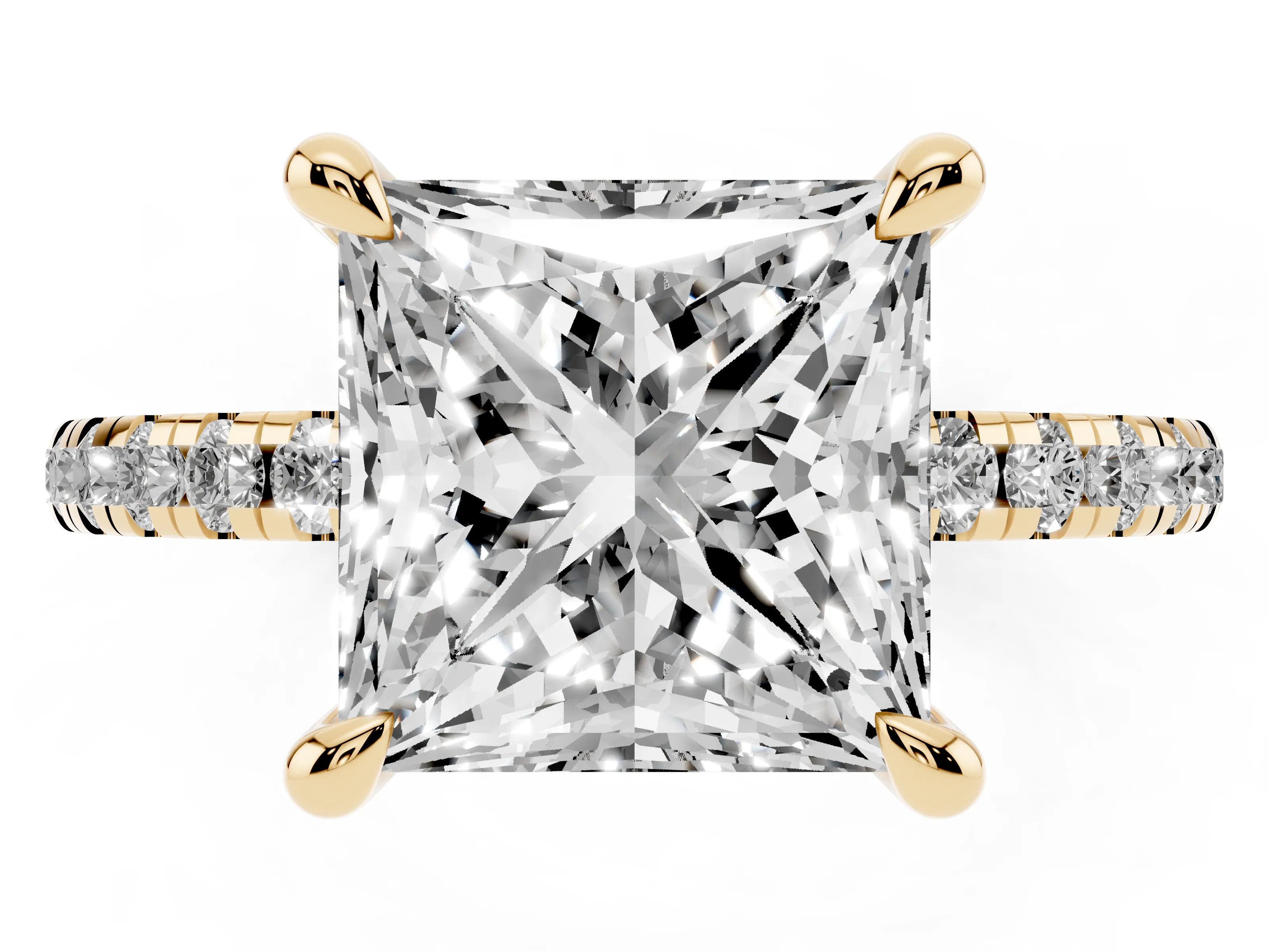 Princess Cut Diamond Brilliant Solitaire Ring Set in Yellow gold with Pavé Band and Prong Setting