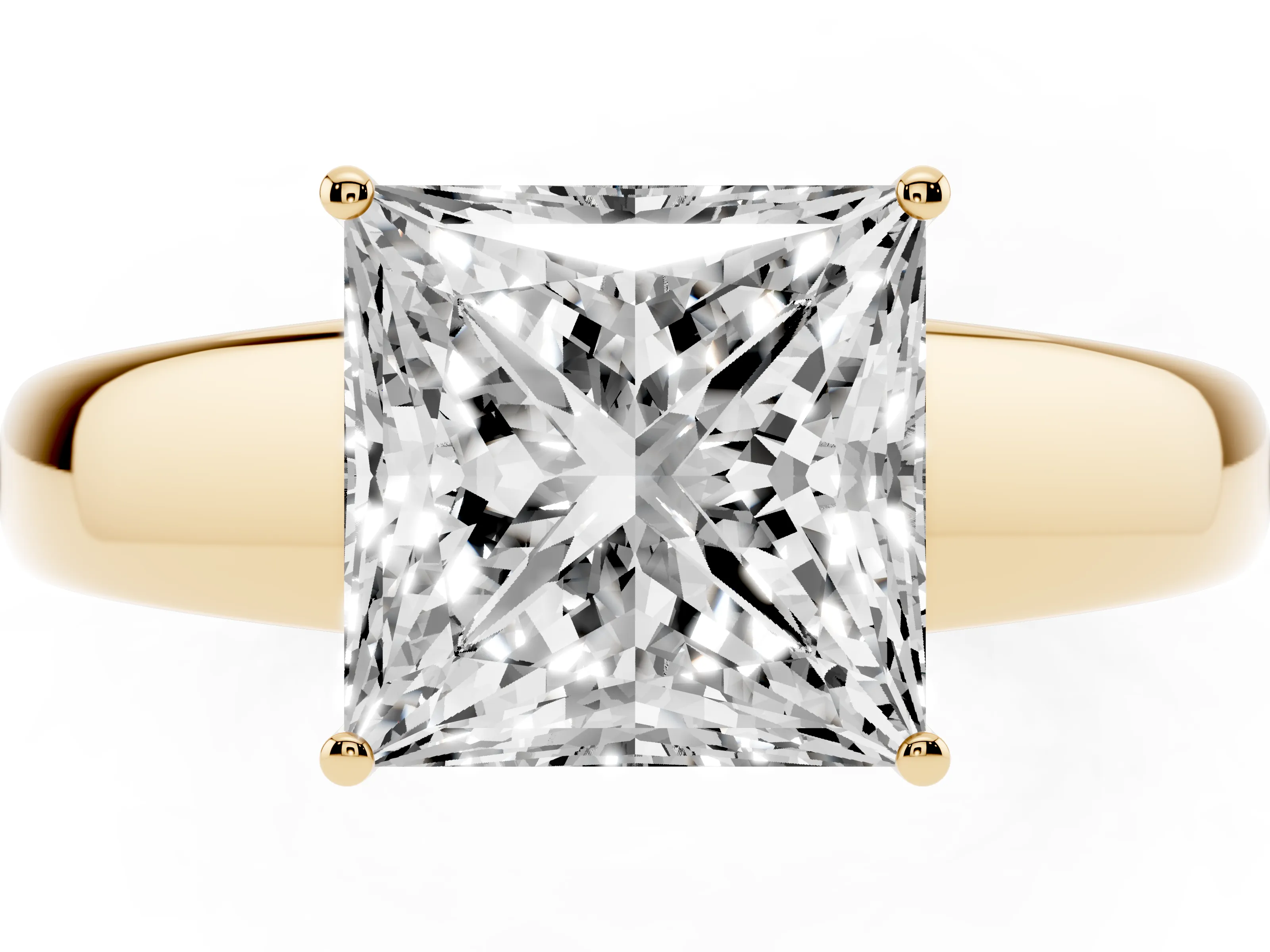 Princess Cut Diamond Solitaire Ring Set in Yellow gold with Tapered Band and Prong Setting