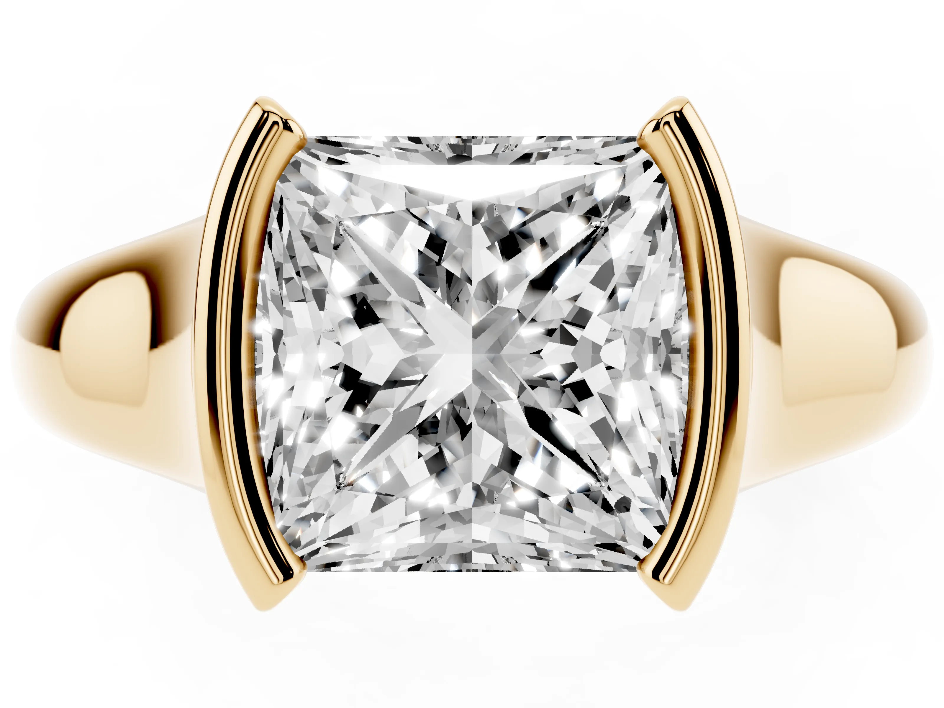 Princess Cut Diamond Solitaire Tension Set Ring Set in Yellow gold with Split Shank Band