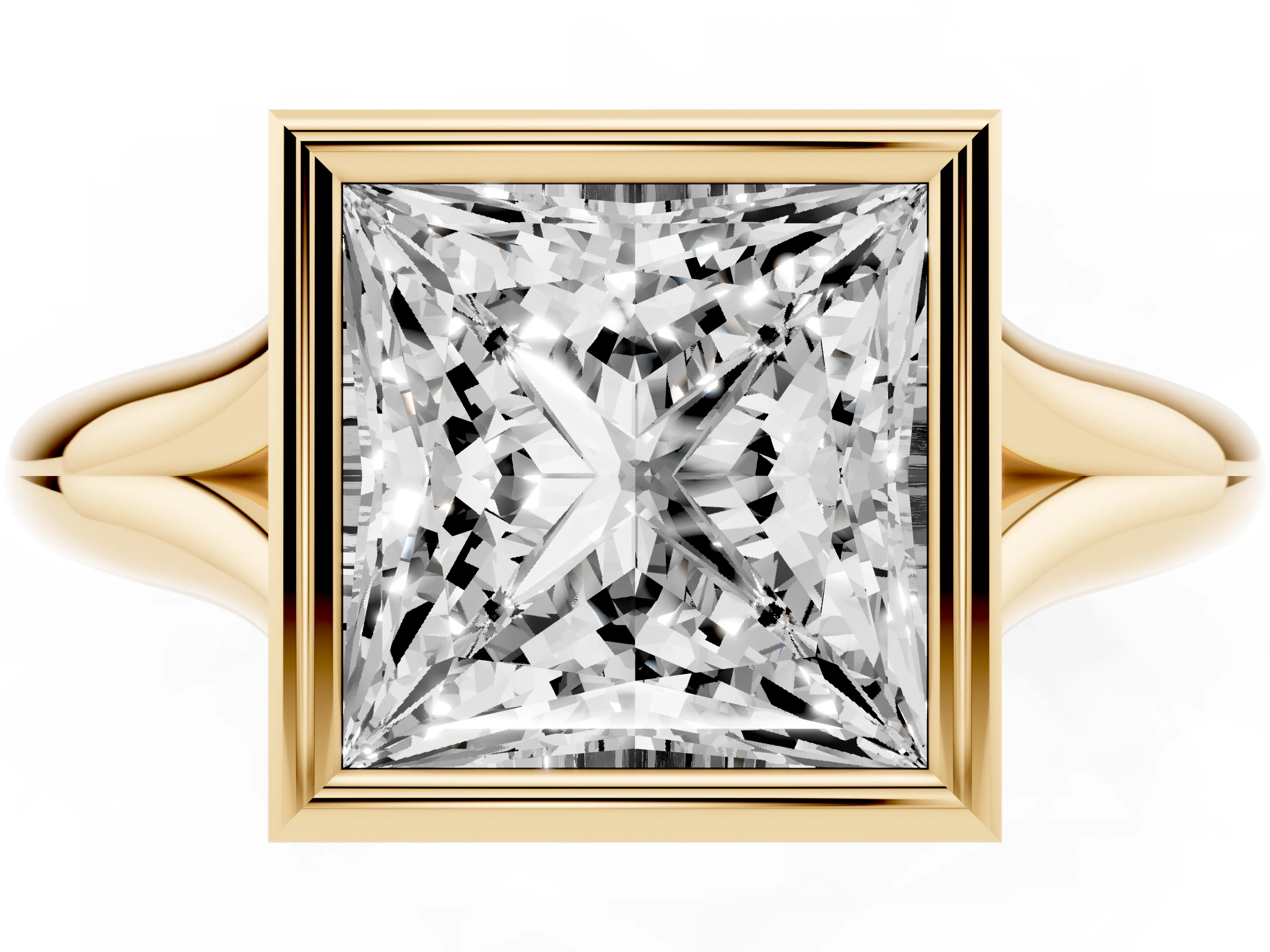 Bezel Set Princess Cut Diamond Solitaire Ring Set in Yellow gold with Smooth Band