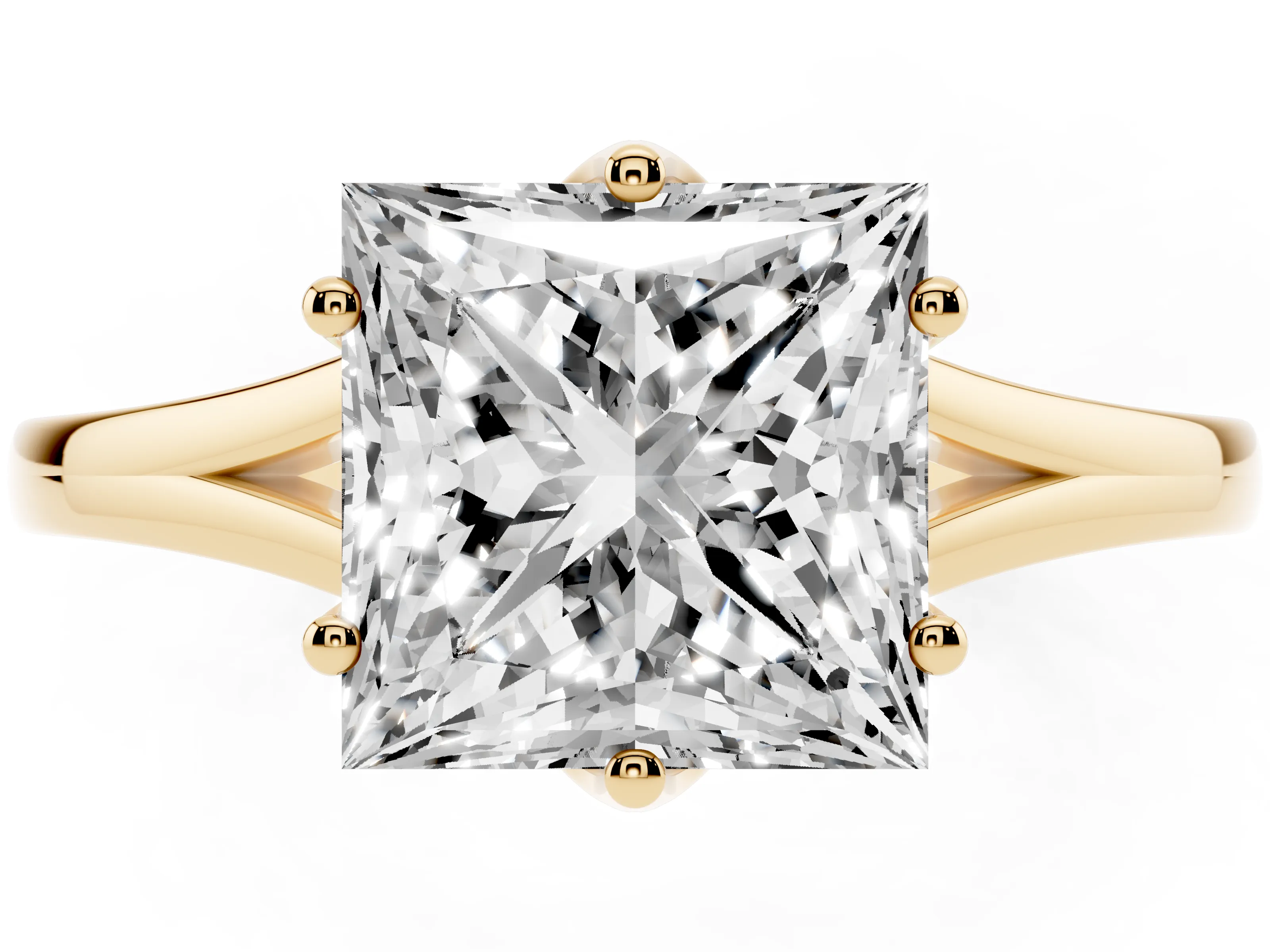 Princess Cut Diamond Solitaire Ring Set in Yellow gold with Polished Tapered Band and Prong Setting