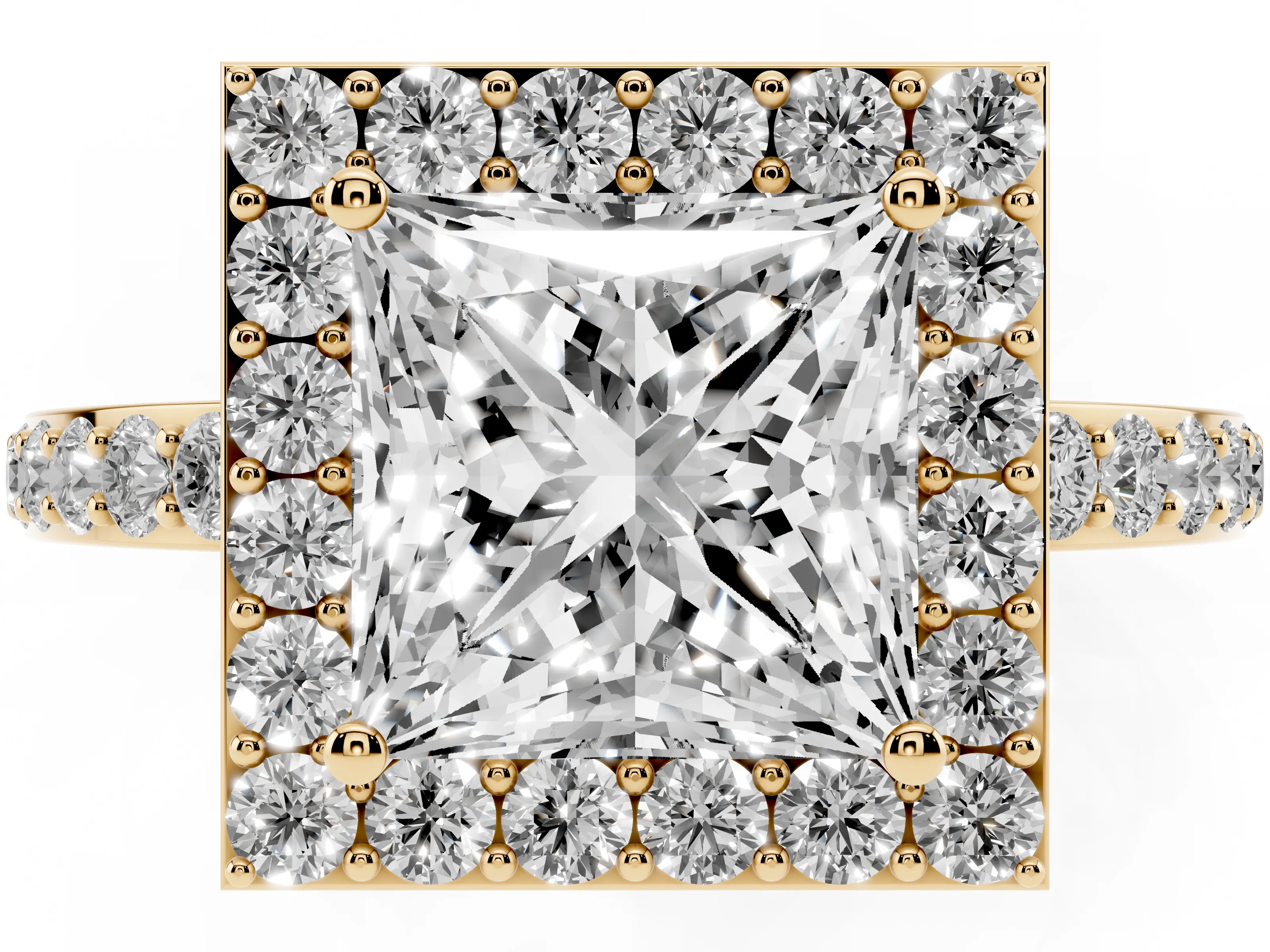 Princess Cut Diamond Halo Ring Set in Yellow gold with Pavé-Setting Band and Open Prong Center