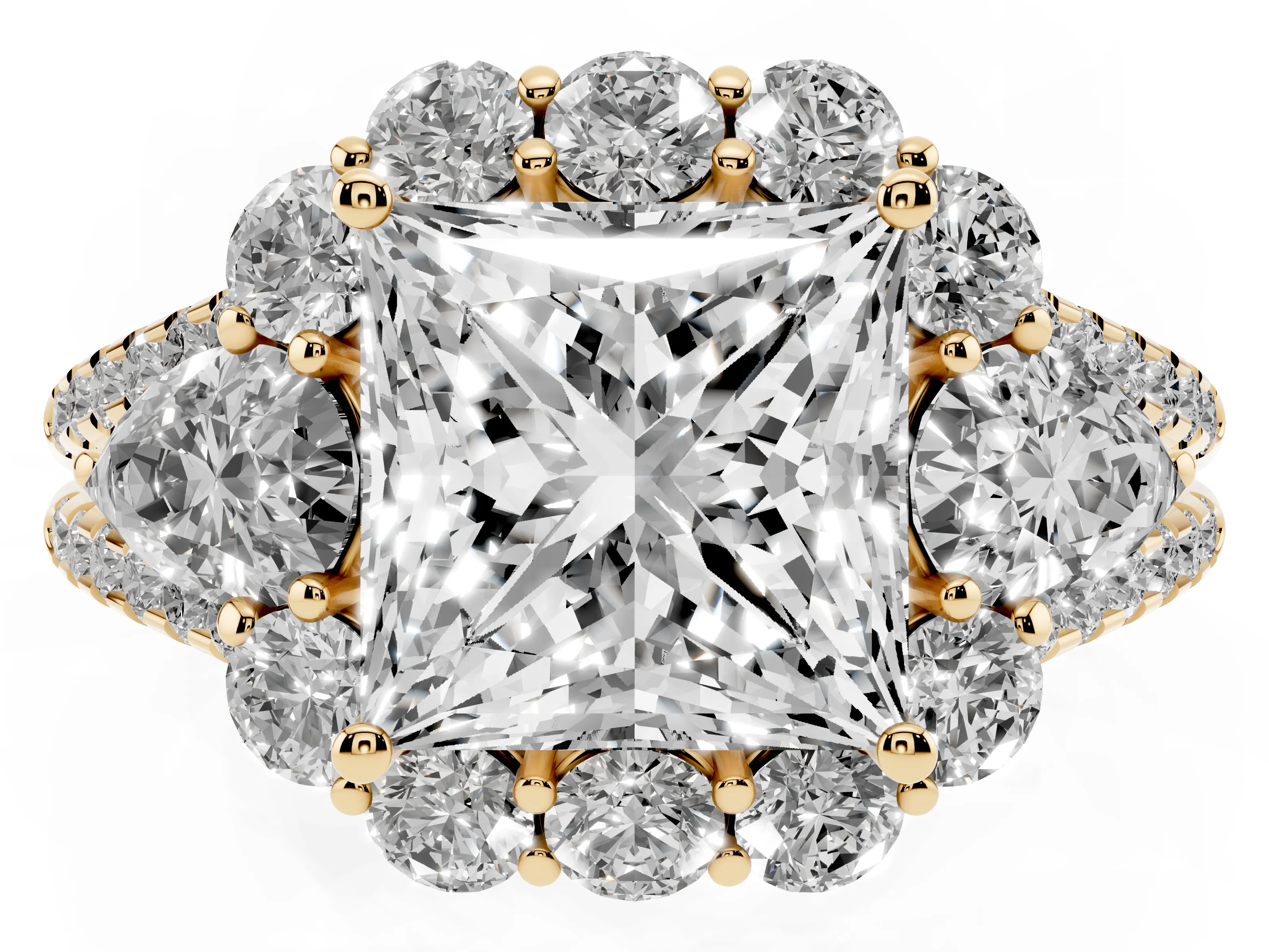 Princess Cut Diamond Halo Split Shank Engagement Ring Set in Yellow gold with Prong-Held Center Stone