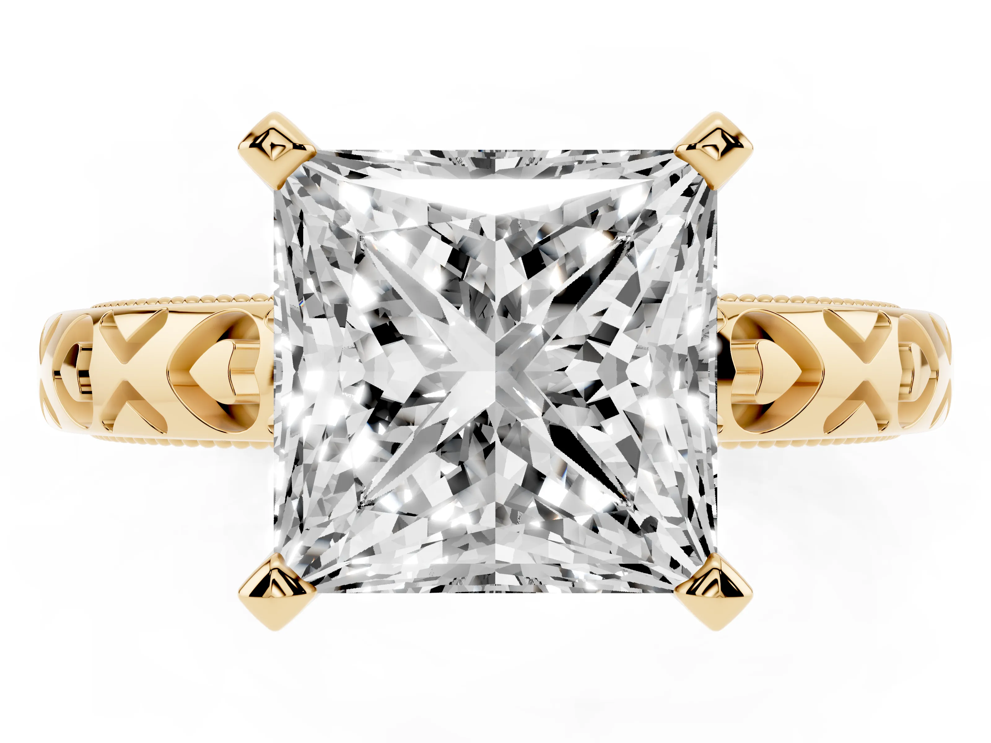 Princess Cut Diamond Solitaire Engagement Ring Set in Yellow gold with XO Engraved Band and Prong Setting
