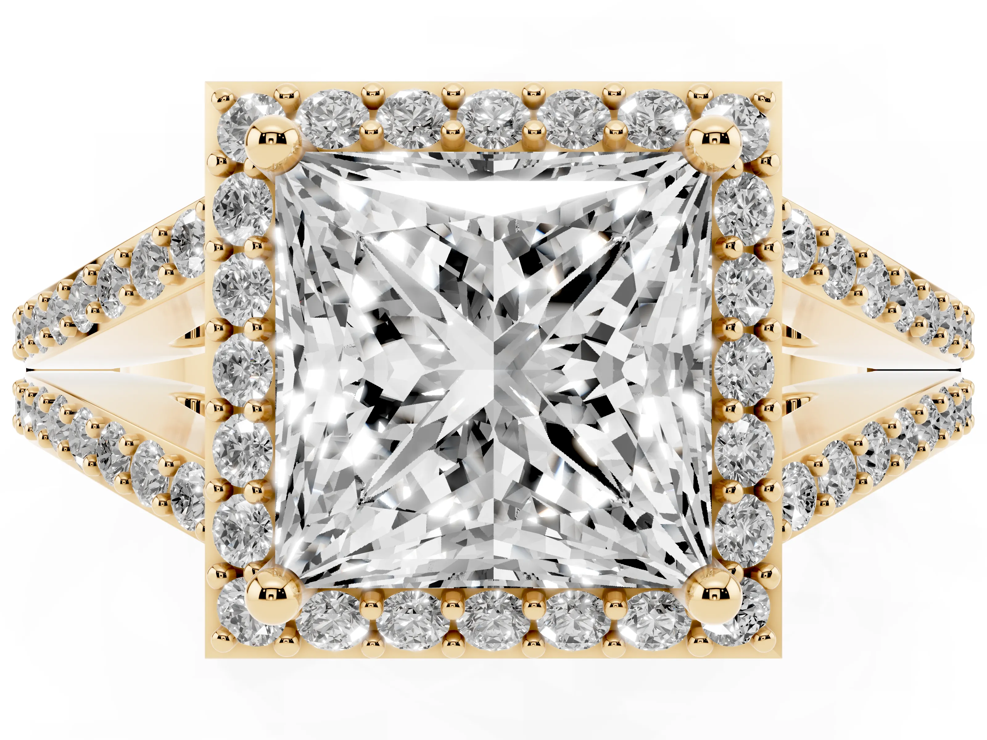 Princess Cut Diamond Halo Split Shank Pavé Ring Set in Yellow gold with Prong Setting