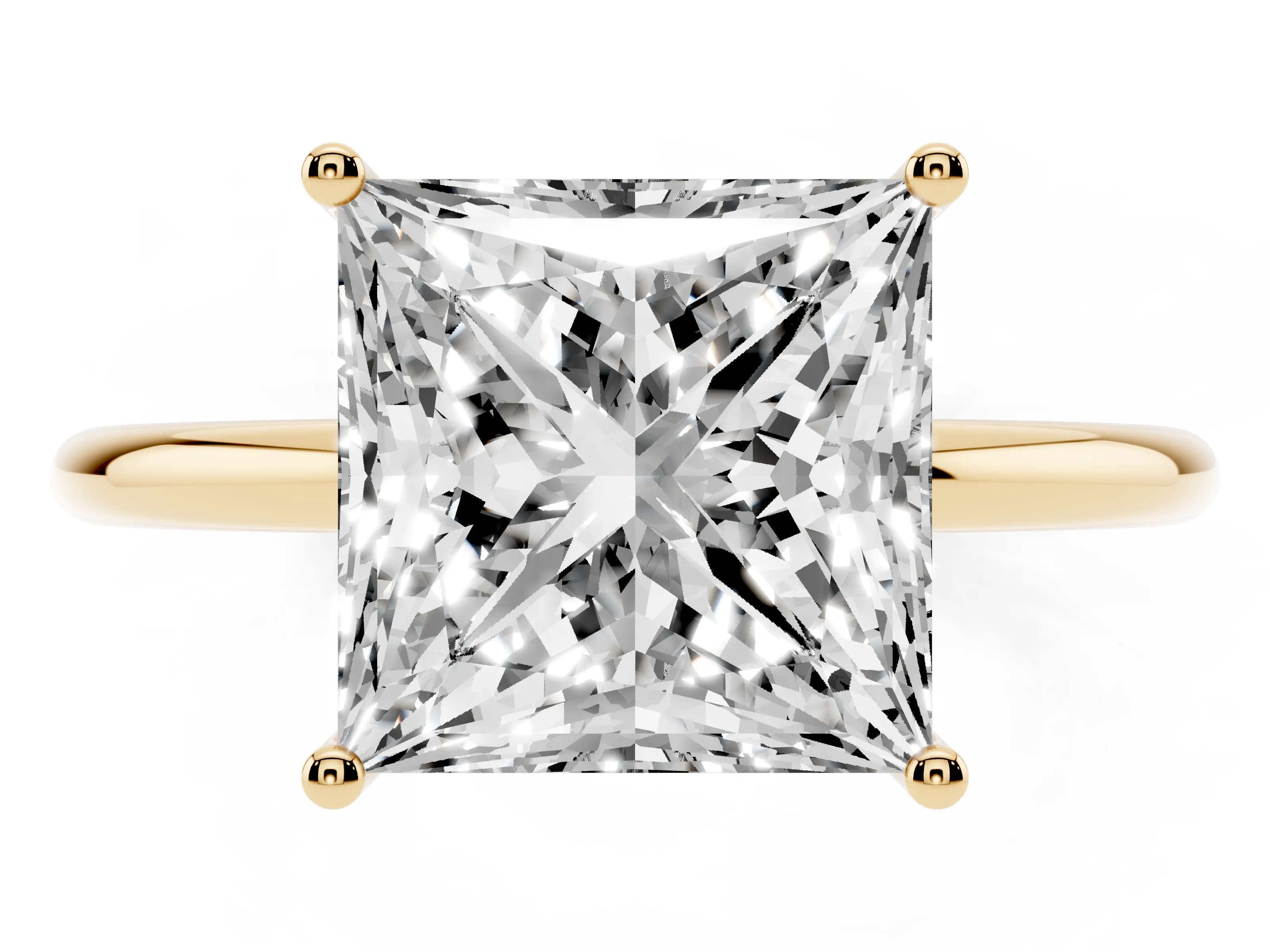 Princess Cut Diamond Solitaire Engagement Ring Set in Yellow gold with Thin Band and Prong Setting