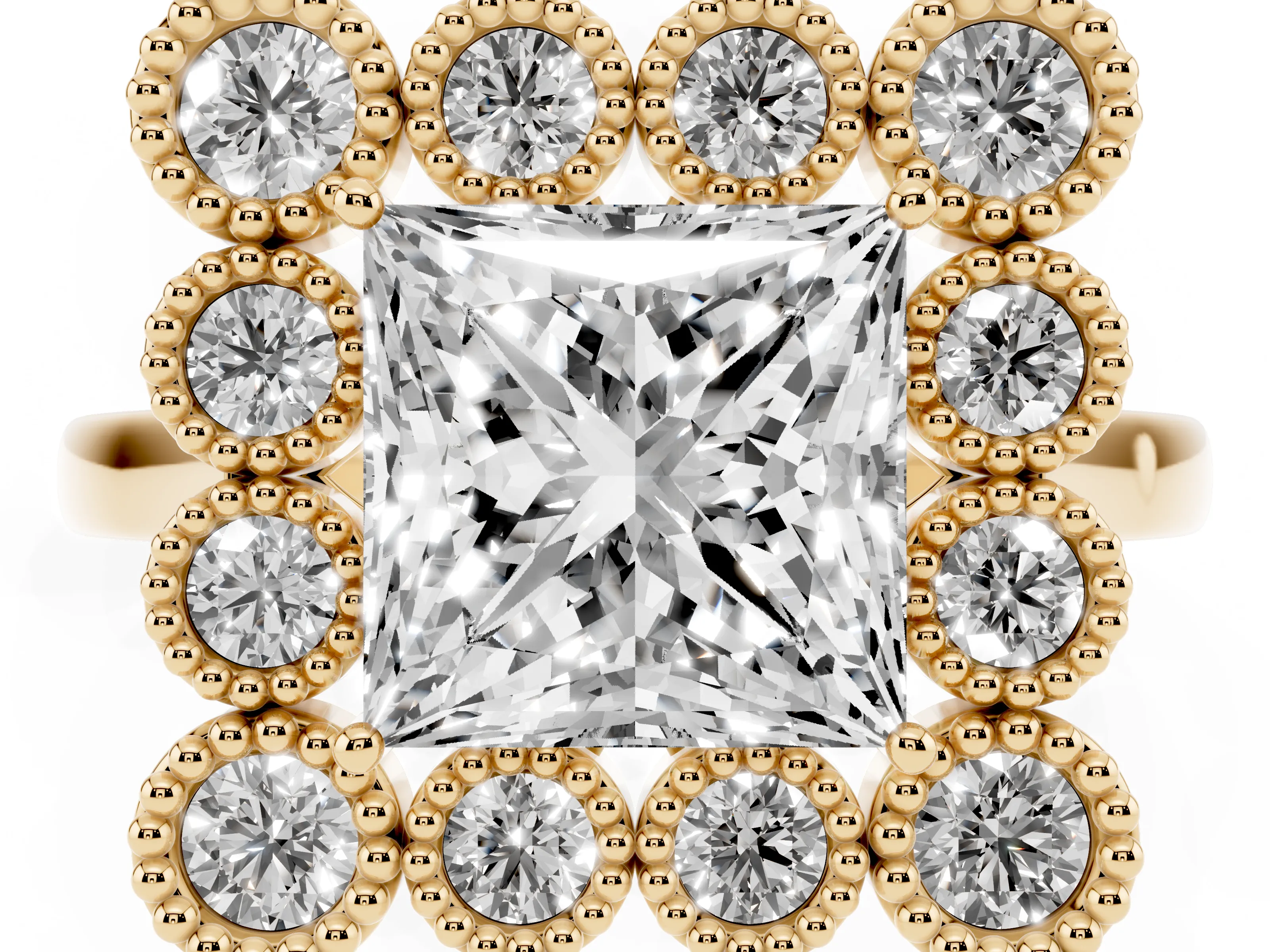 Princess Cut Diamond Cluster Halo Ring Set in Yellow gold with Milgrain Bezel Accents and Plain Band
