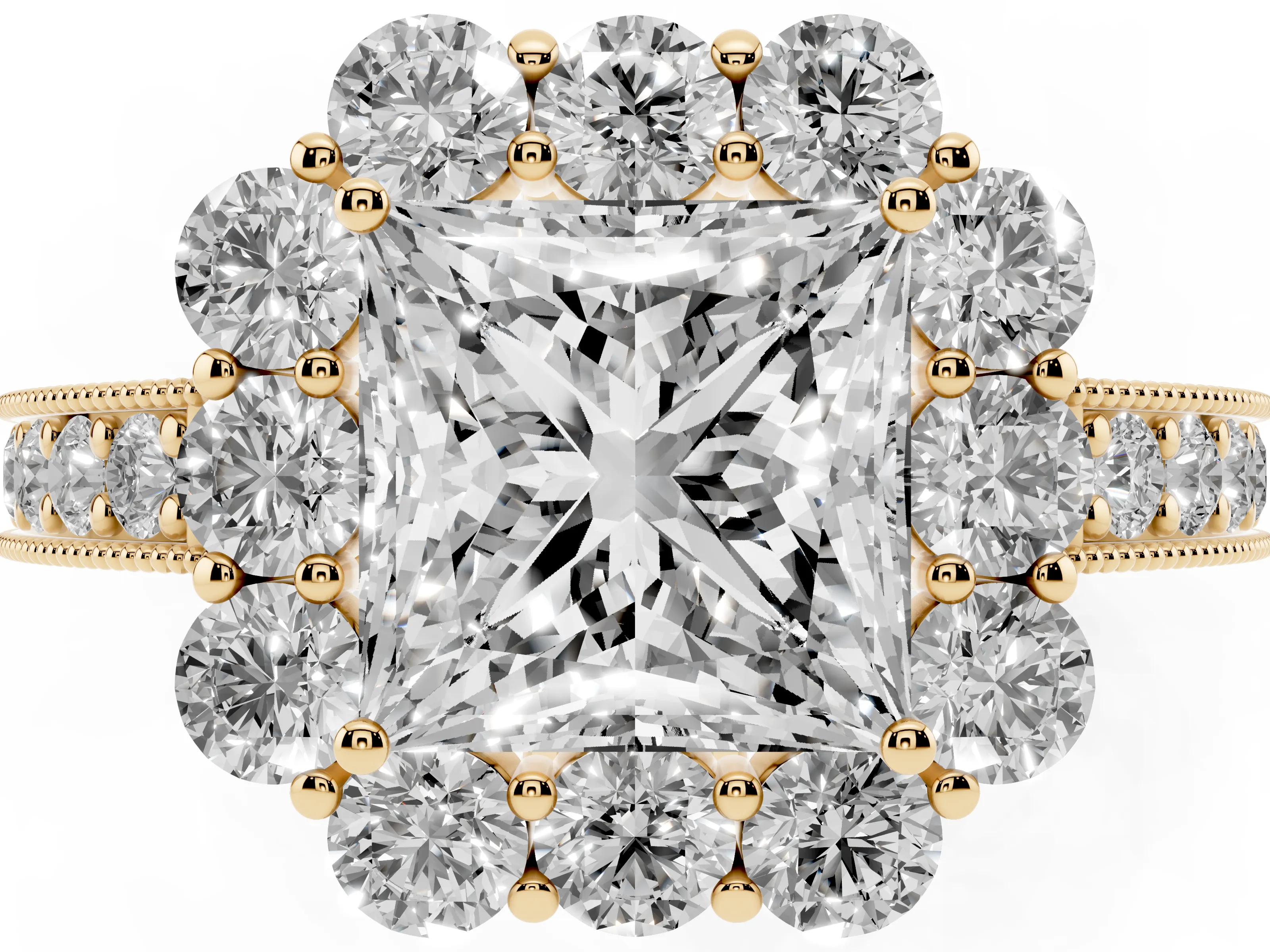 Princess Cut Diamond Halo Pavé Engagement Ring Set in Yellow gold with Milgrain Detailing
