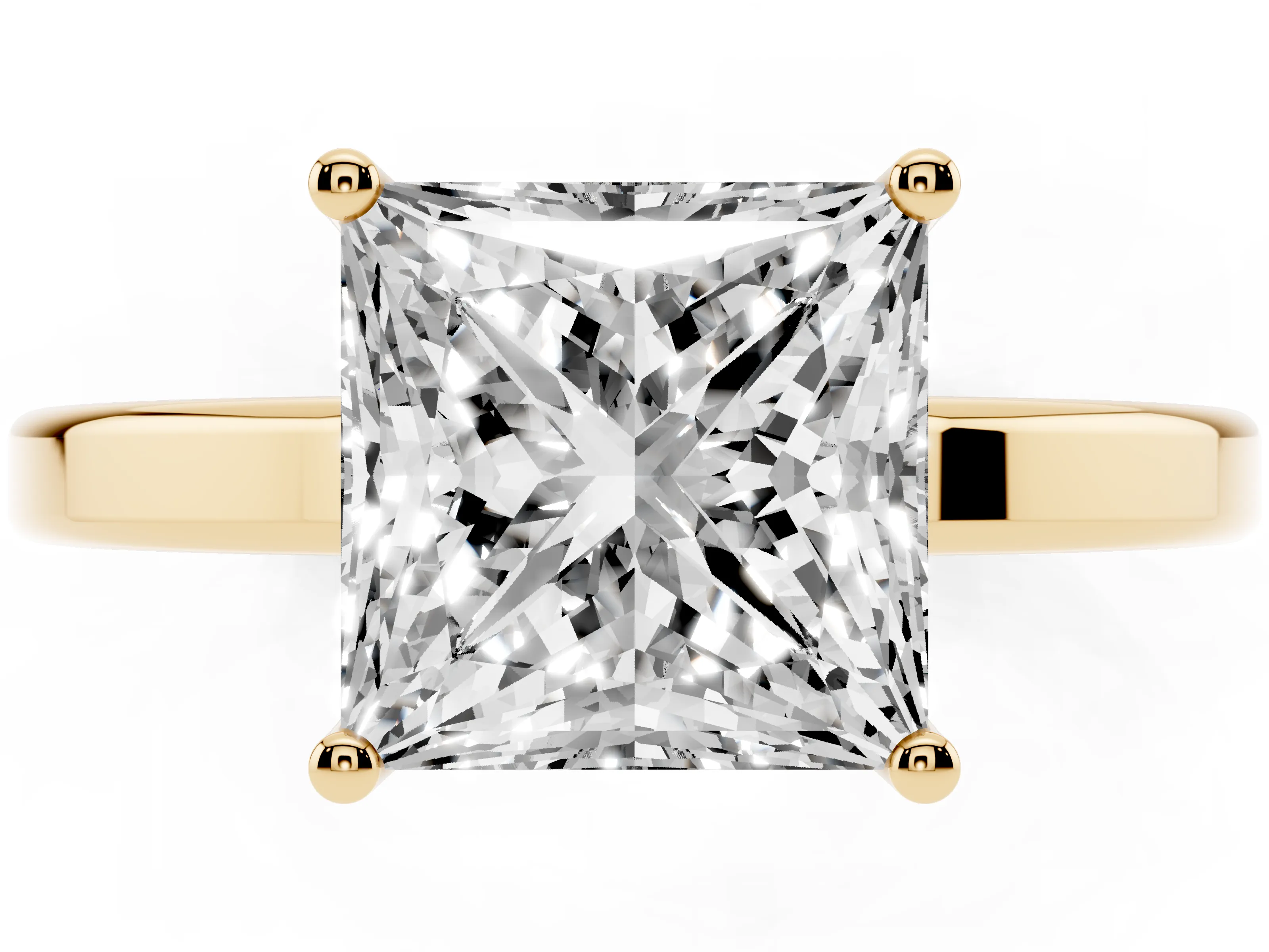 Princess Cut Diamond Solitaire Engagement Ring Set in Yellow gold with Prong Setting on a Plain Band