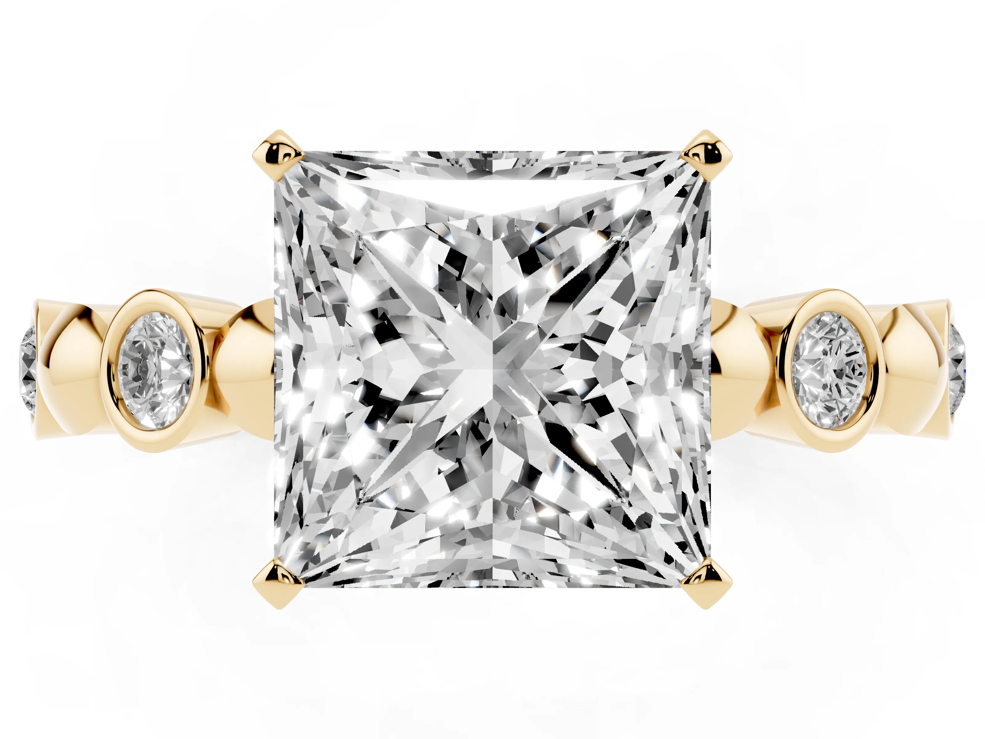 Princess Cut Diamond Solitaire Ring Set in Yellow gold with Bezel-Set Accents on Beaded Band and Prong Setting