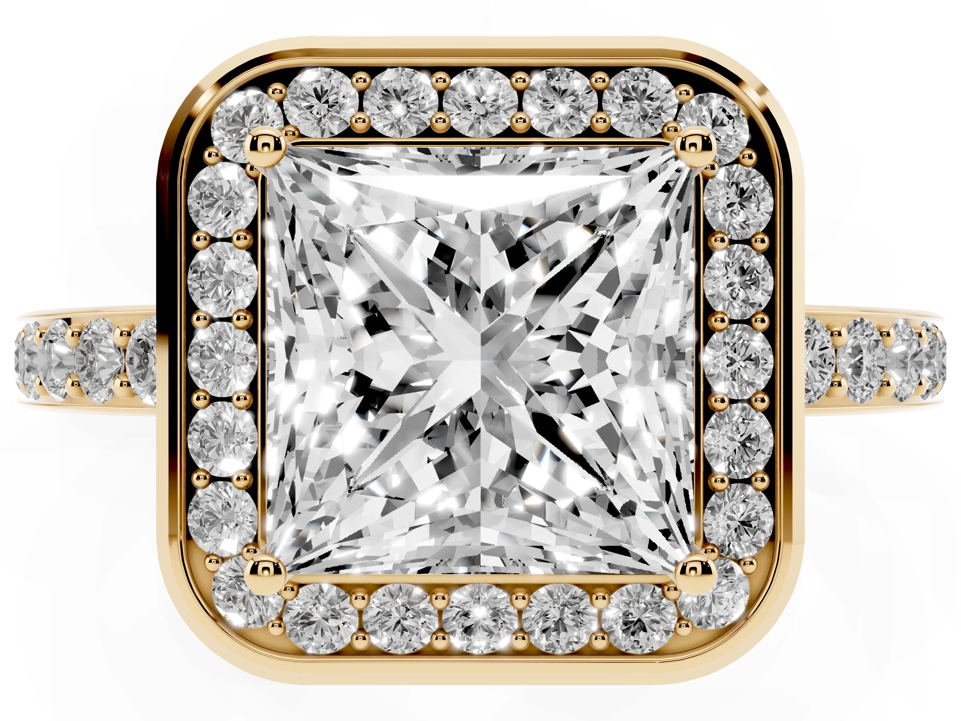 Princess Cut Diamond Halo Ring Set in Yellow gold with Bezel Frame and Pavé Band