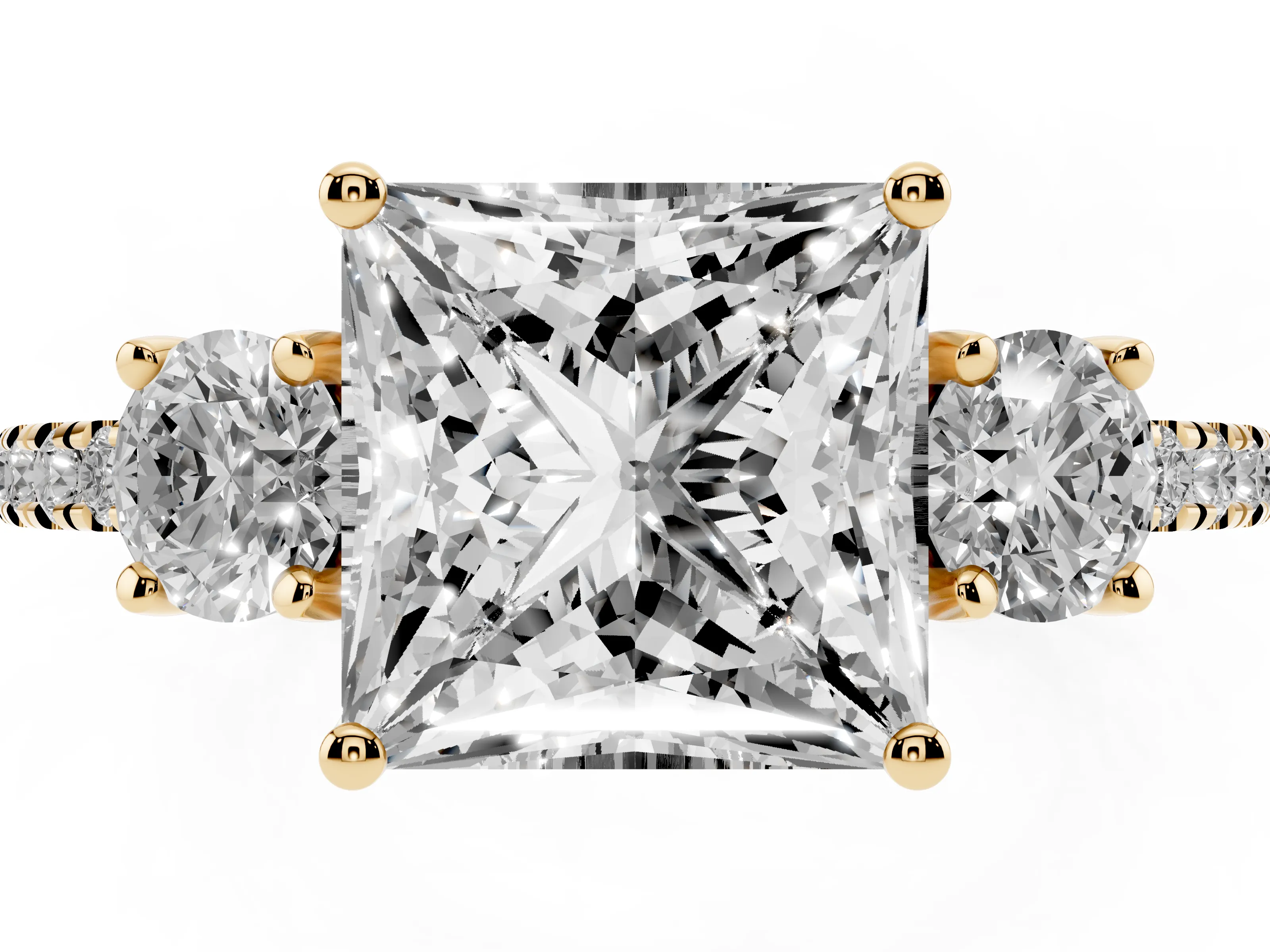 Princess Cut Diamond Three-Stone Ring Set in Yellow gold with Pavé Band and Graduated Sides