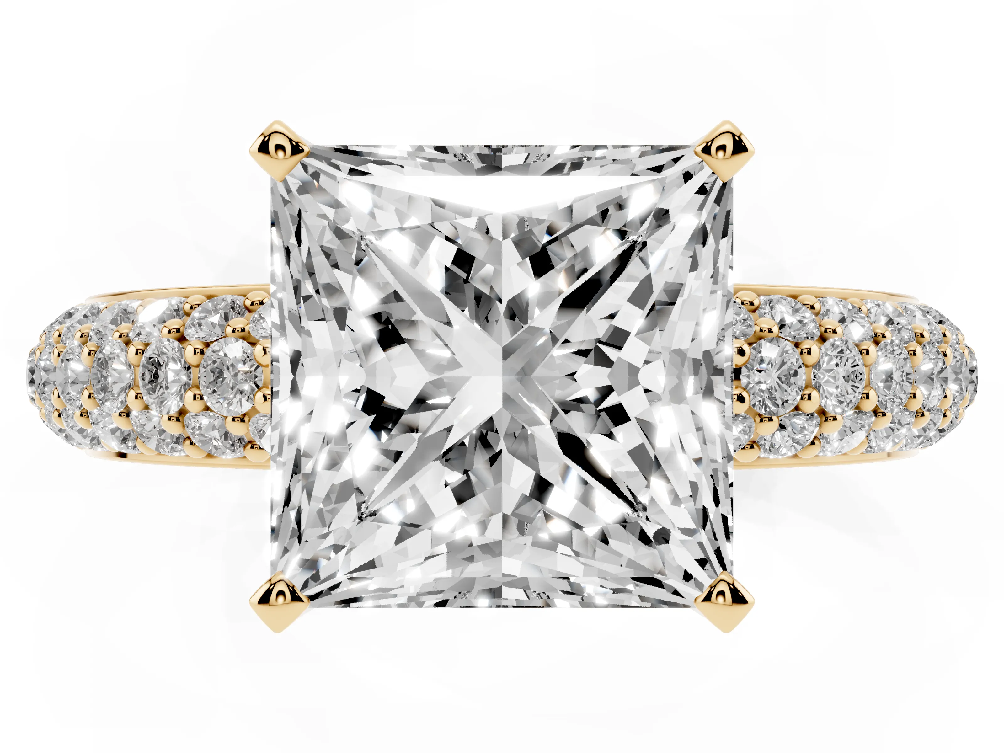 Princess Cut Diamond Solitaire Ring Set in Yellow gold with Prong Setting and Pavé-Set Band