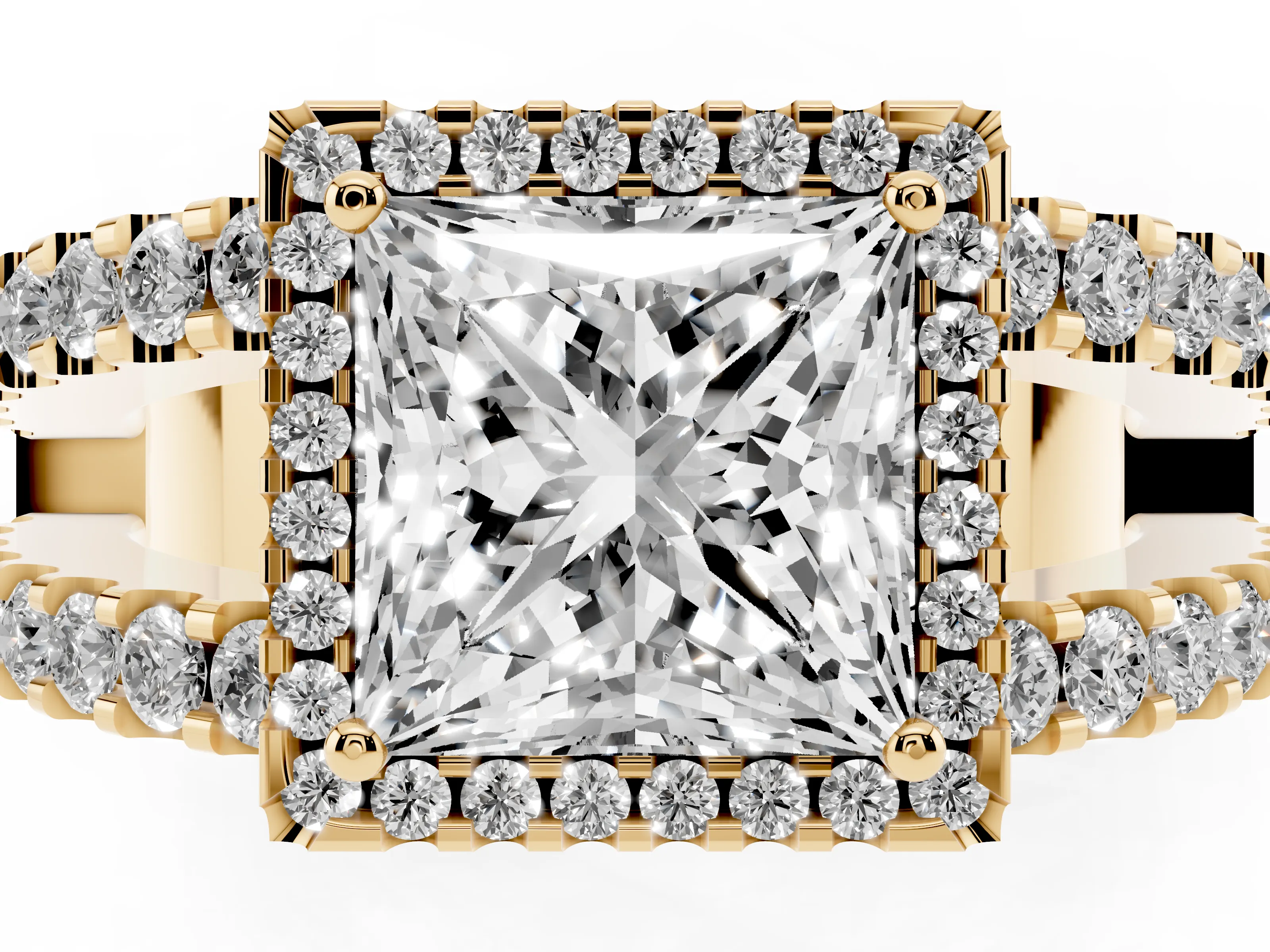 Princess Cut Diamond Halo Ring Set in Yellow gold with Pavé Split Shank and Prong Setting