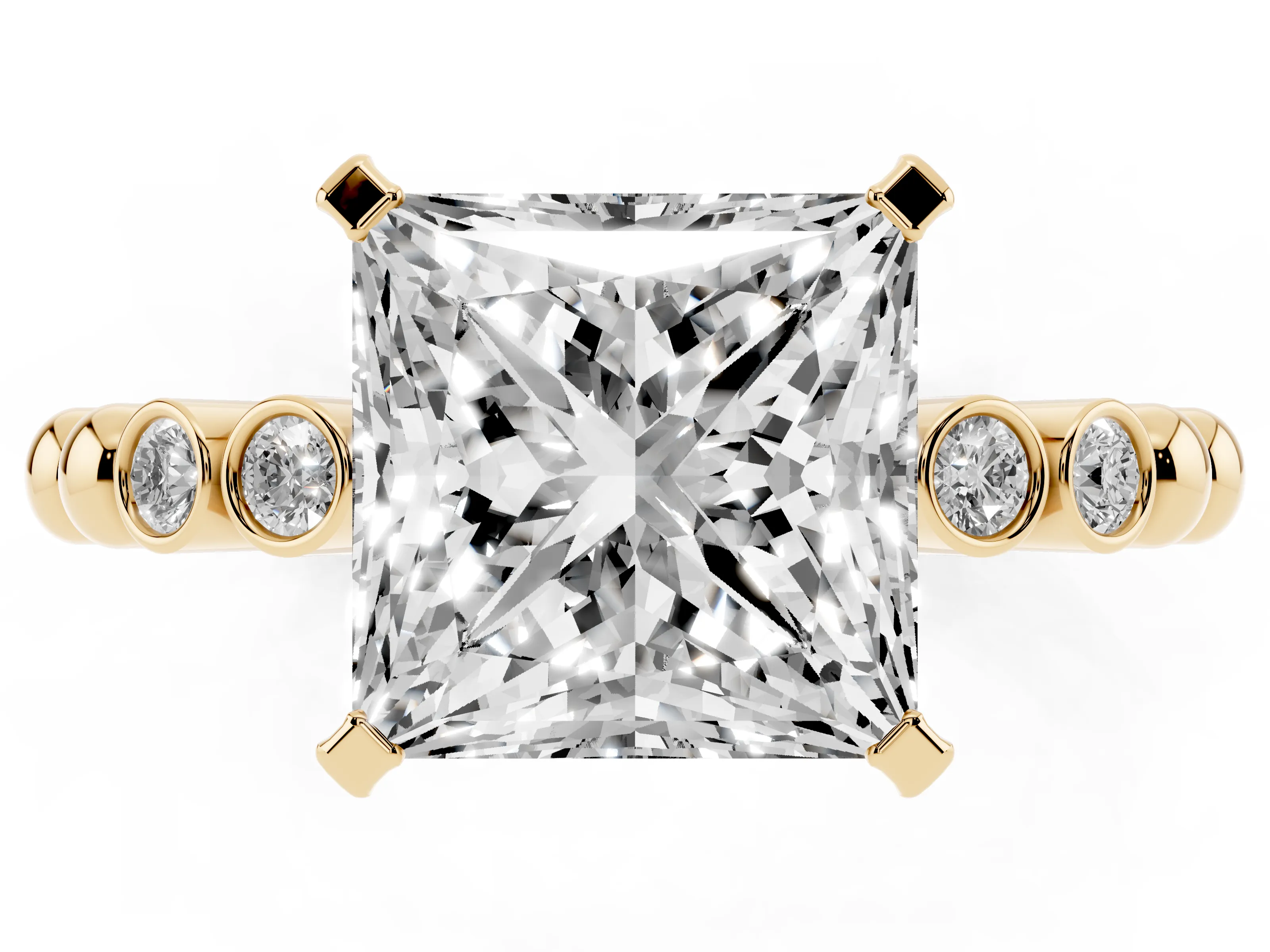 Princess Cut Diamond Solitaire Engagement Ring Set in Yellow gold with Bezel Accents on Beaded Band