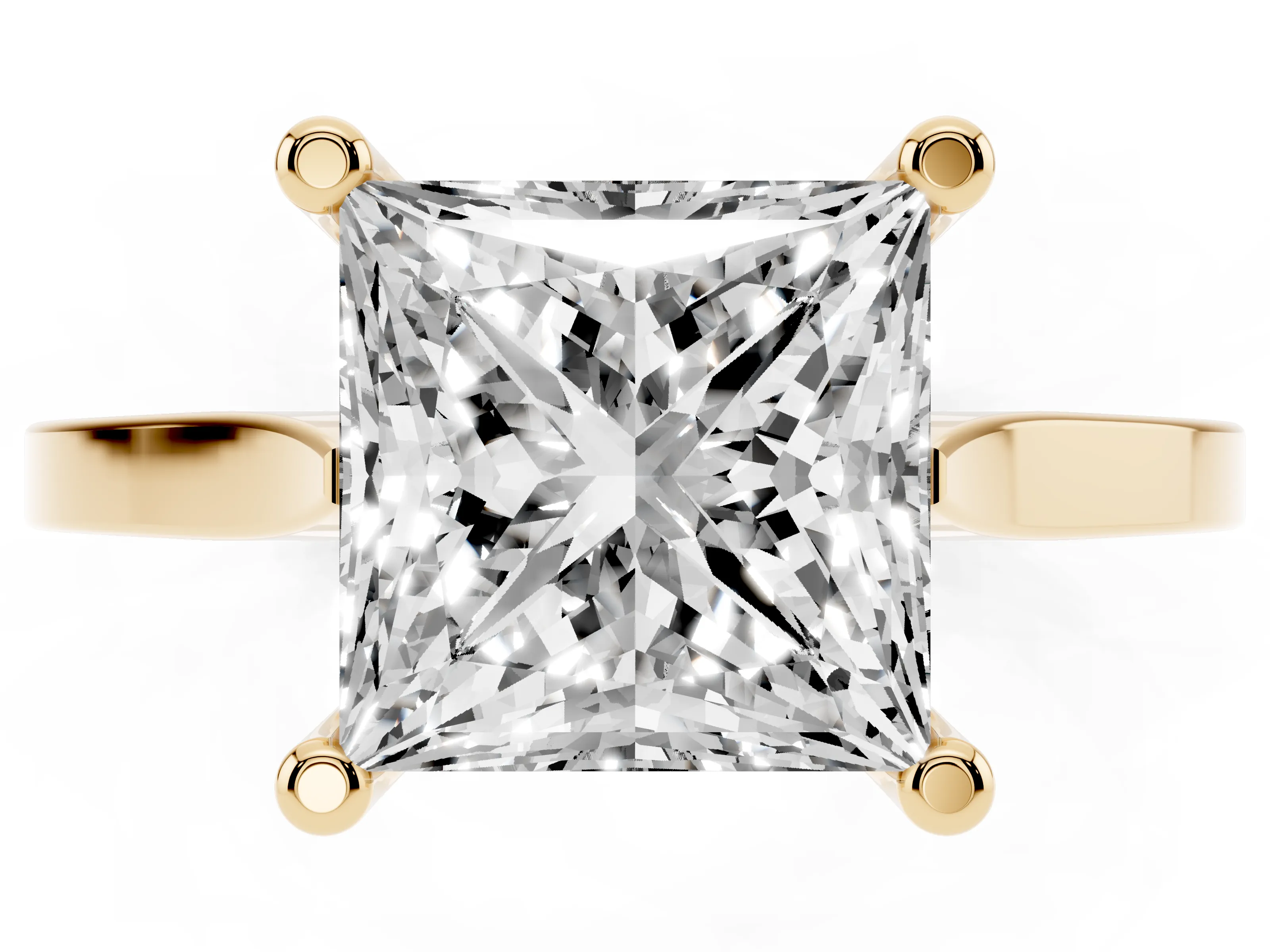 Princess Cut Diamond Solitaire Ring Set in Yellow gold with Prong Setting and Tapered Band