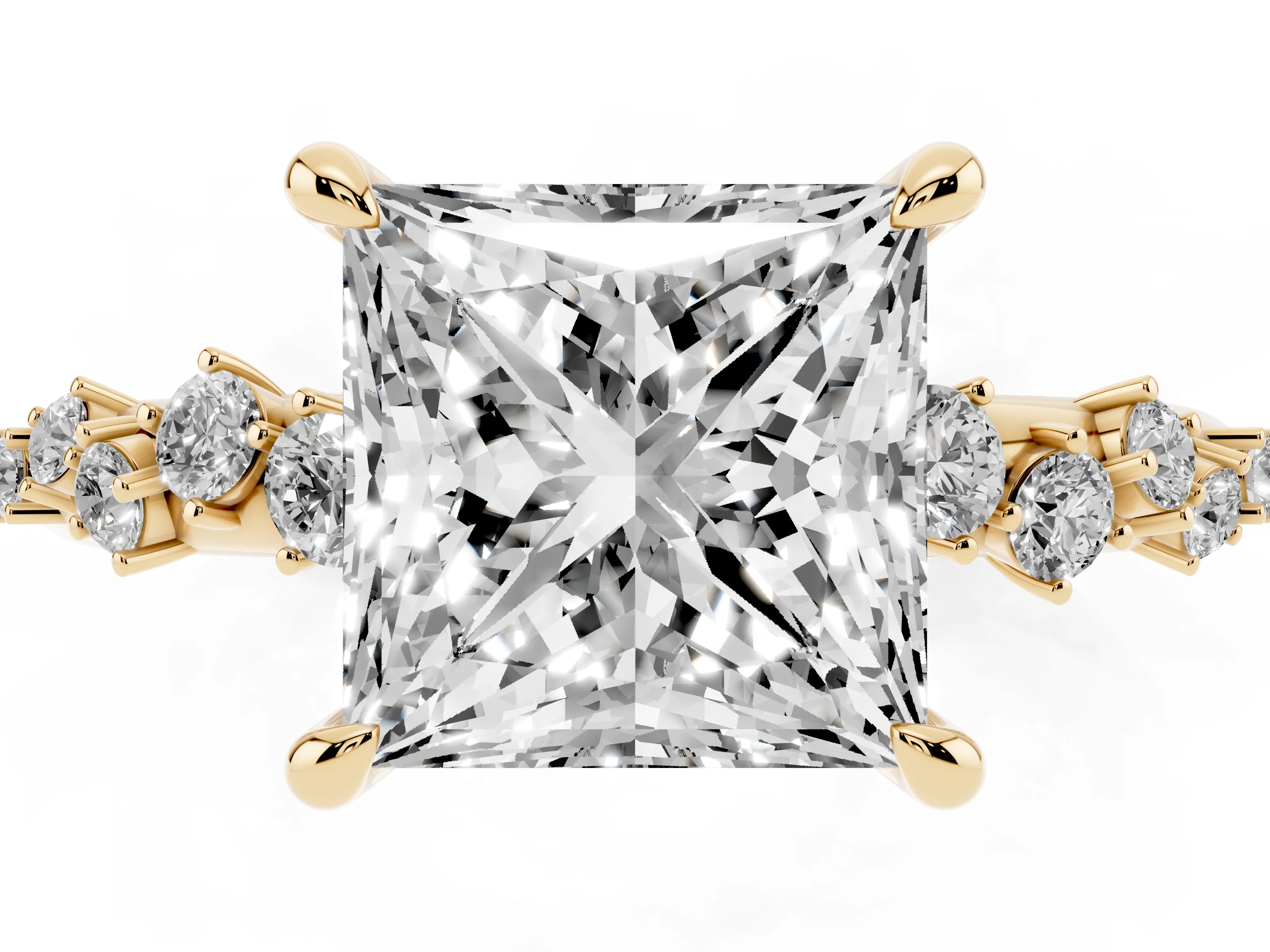 Princess Cut Diamond Solitaire Vine Band Ring Set in Yellow gold with Round Accents and Prong Setting