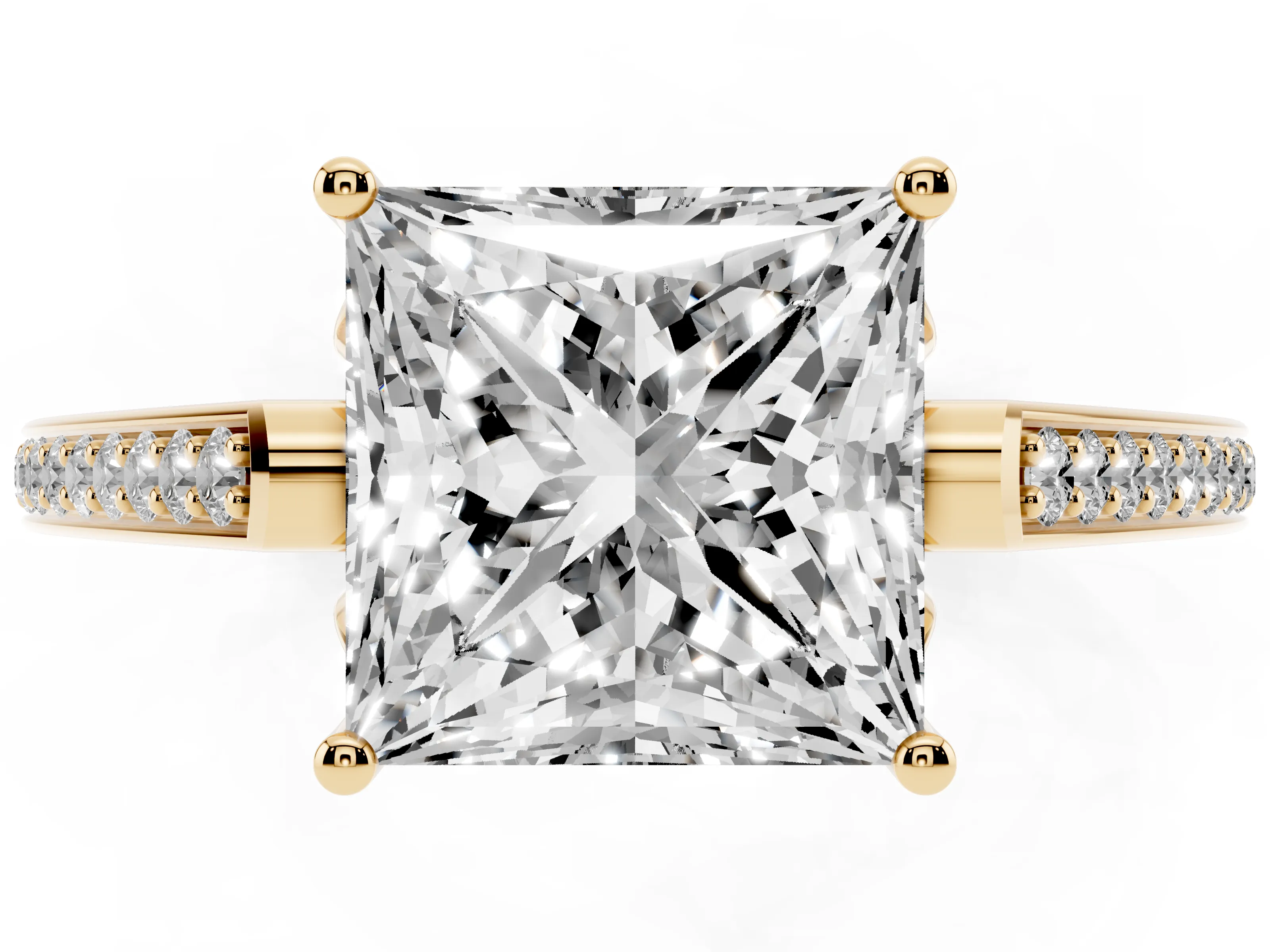 Princess Cut Diamond Cathedral Pavé Engagement Ring Set in Yellow gold with Prong Setting