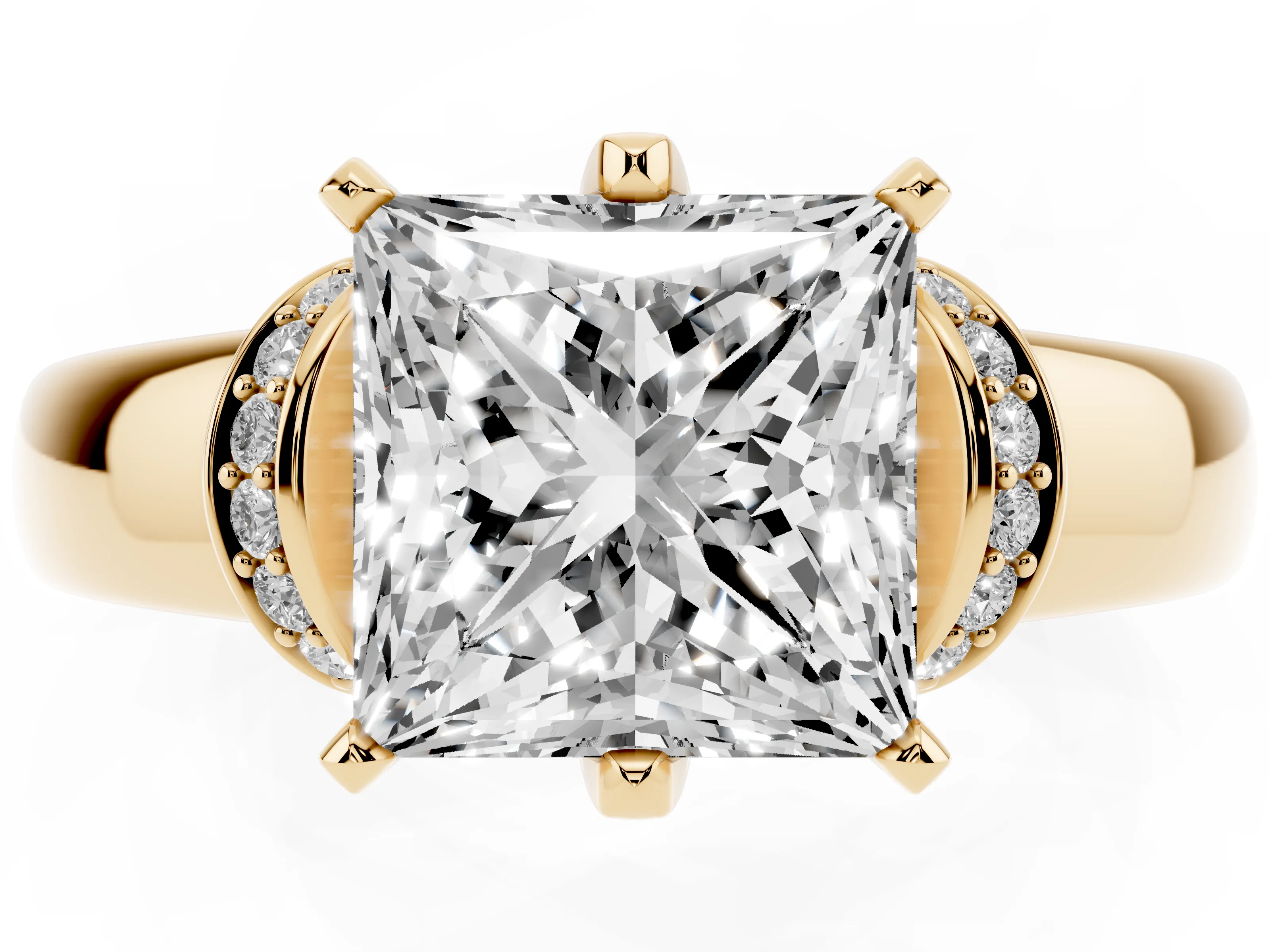 Princess Cut Diamond Pavé Band Solitaire Ring Set in Yellow gold with Prong Setting