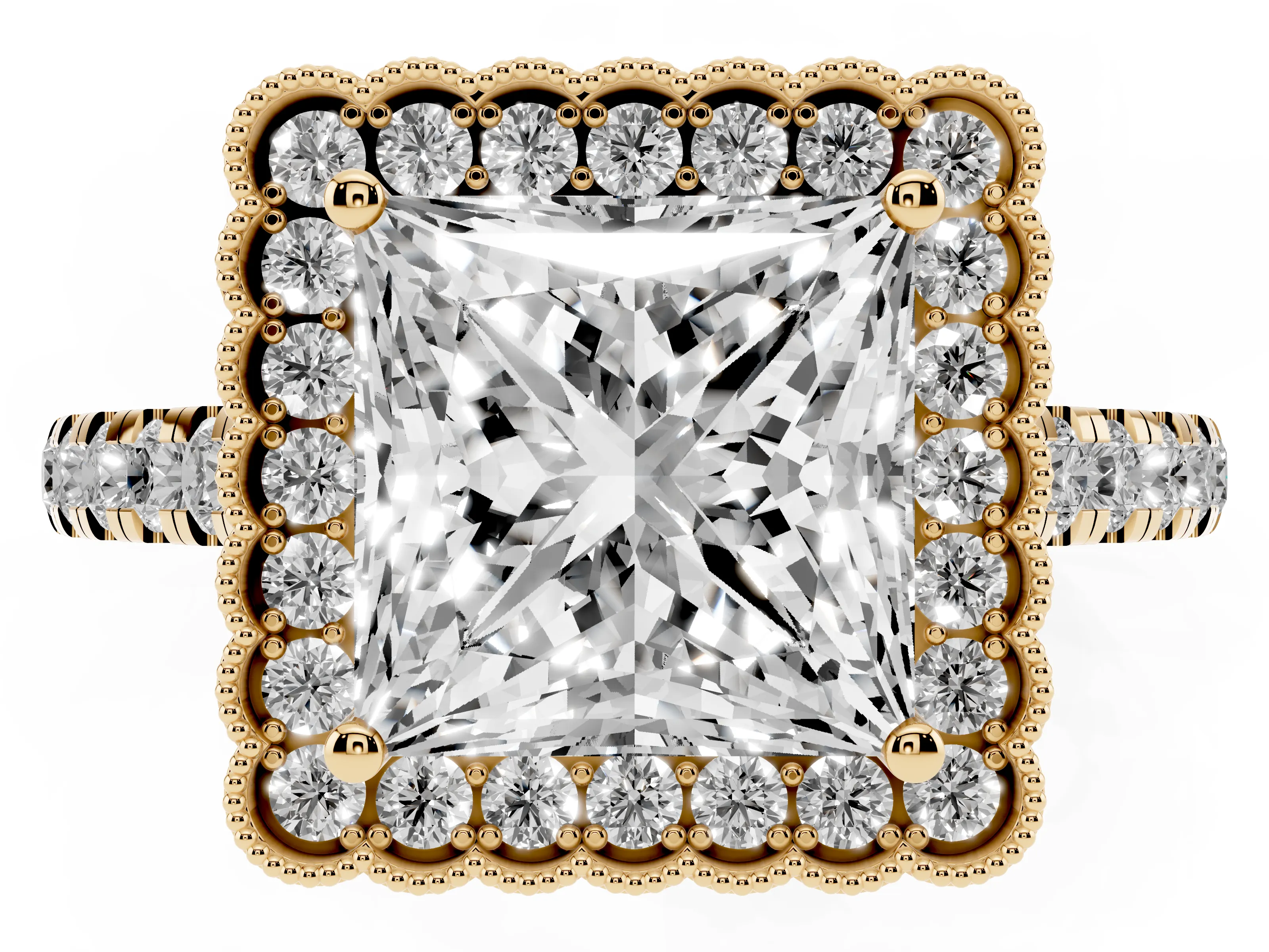 Princess Cut Diamond Milgrain Floral Halo Engagement Ring Set in Yellow gold with Pavé Band